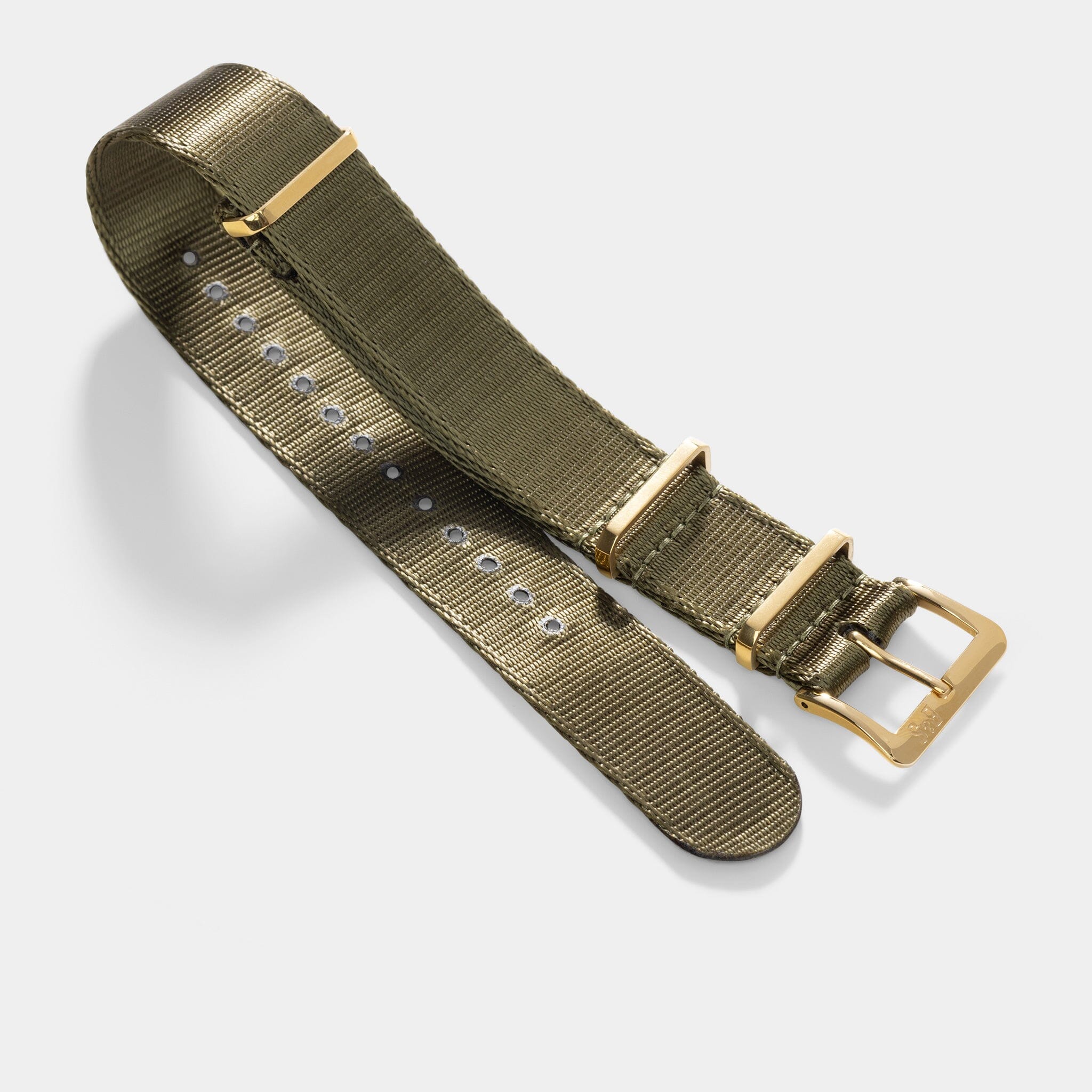 Sample Sale - Deluxe Nylon Single Pass Watch Strap Olive Drab Green - Gold - 22mm