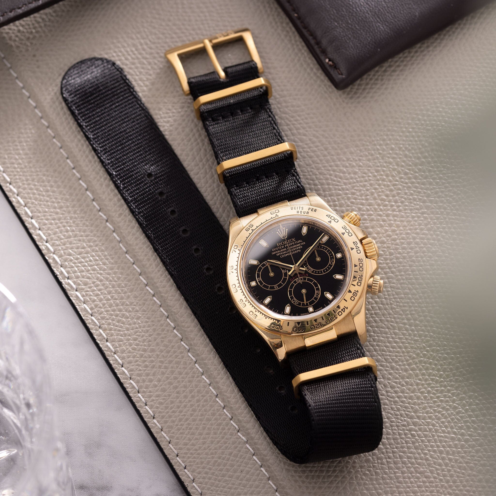 Sample Sale - Deluxe Nylon Single Pass Watch Strap Pure Black - Gold Brushed - 22mm