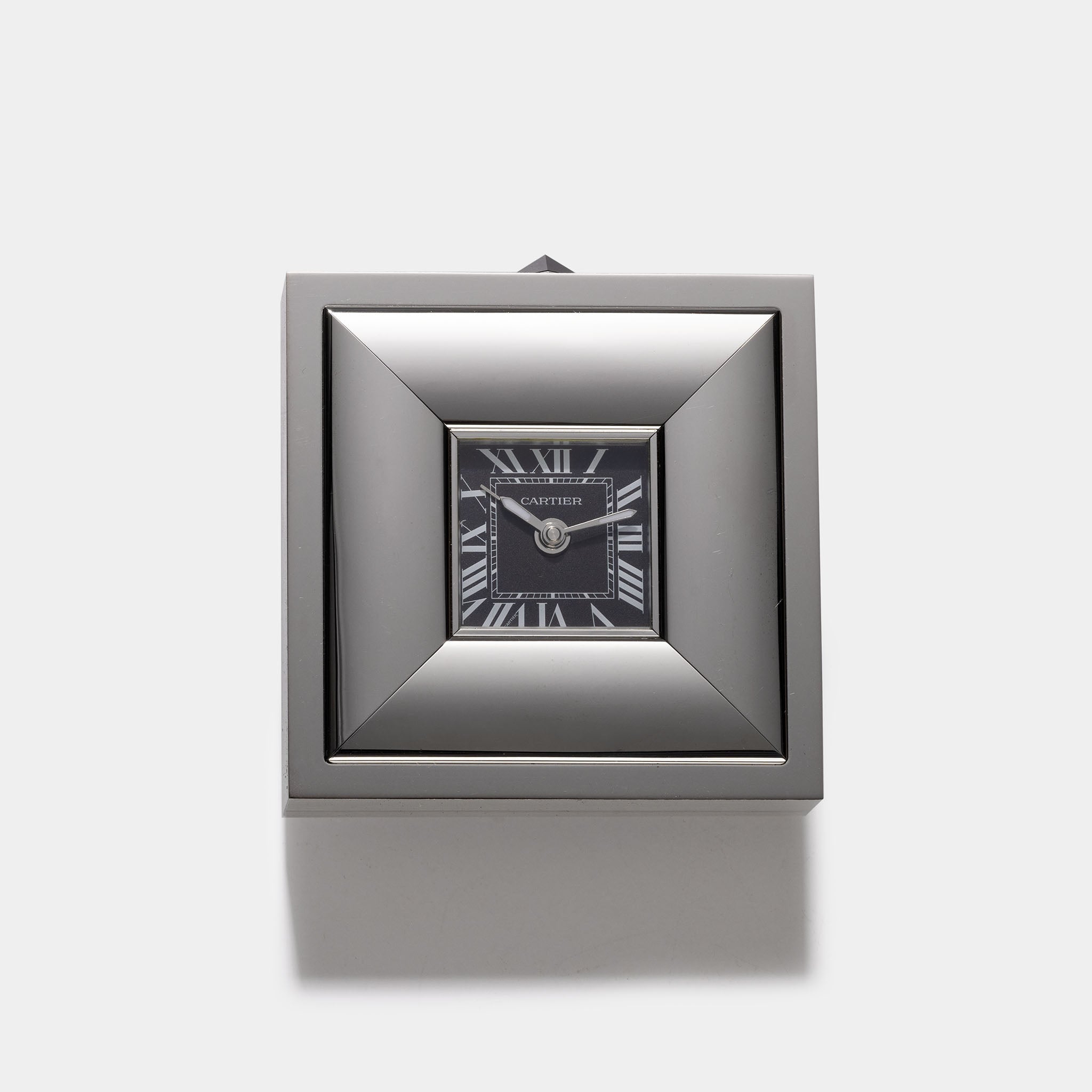 Cartier Travel / Desk Alarm Clock in Palladium -Chrome finish ref 2745 with Original Box and Guarantee Certificate
