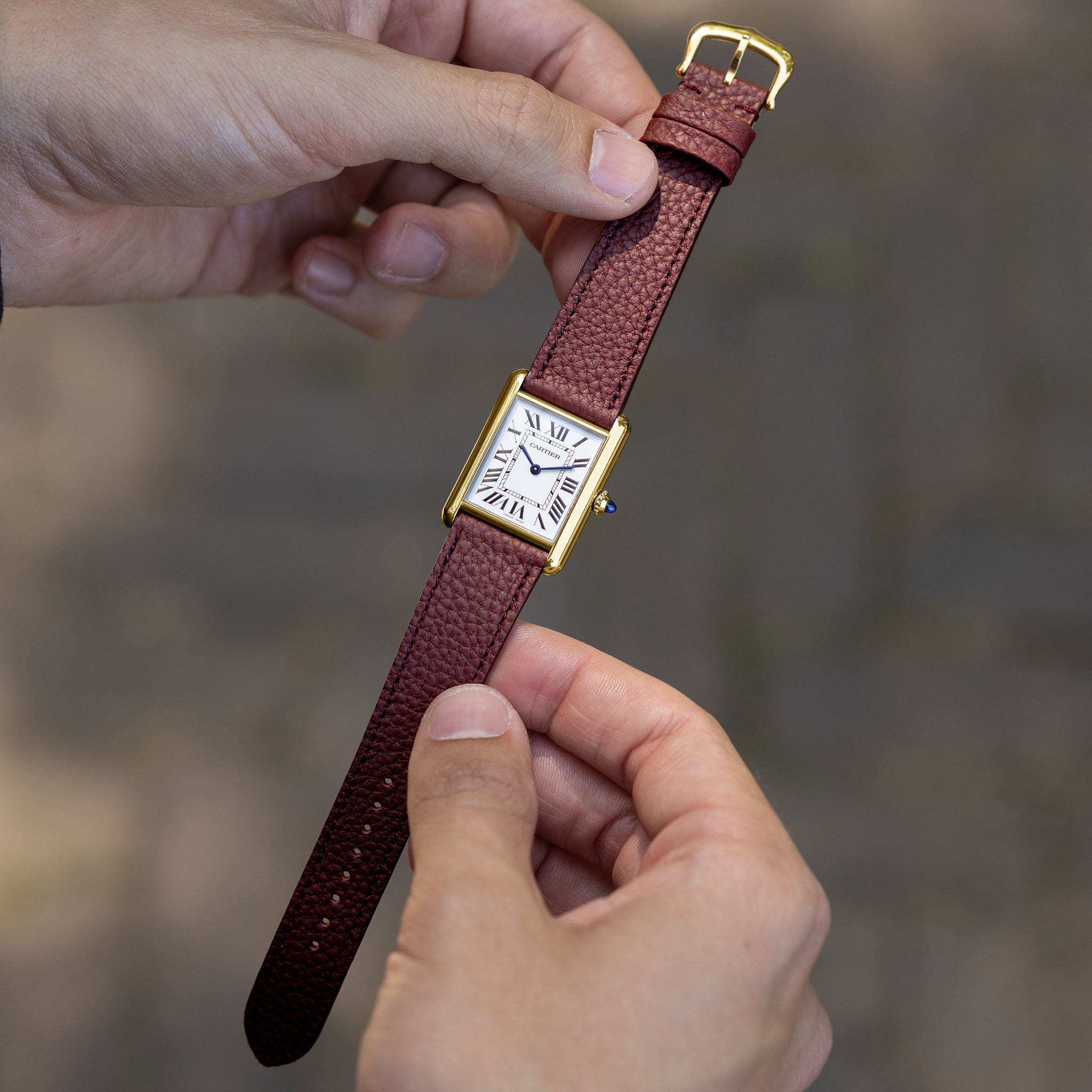 Grana Burgundy Tonal Leather Watch Strap on Cartier Tank Louis Large