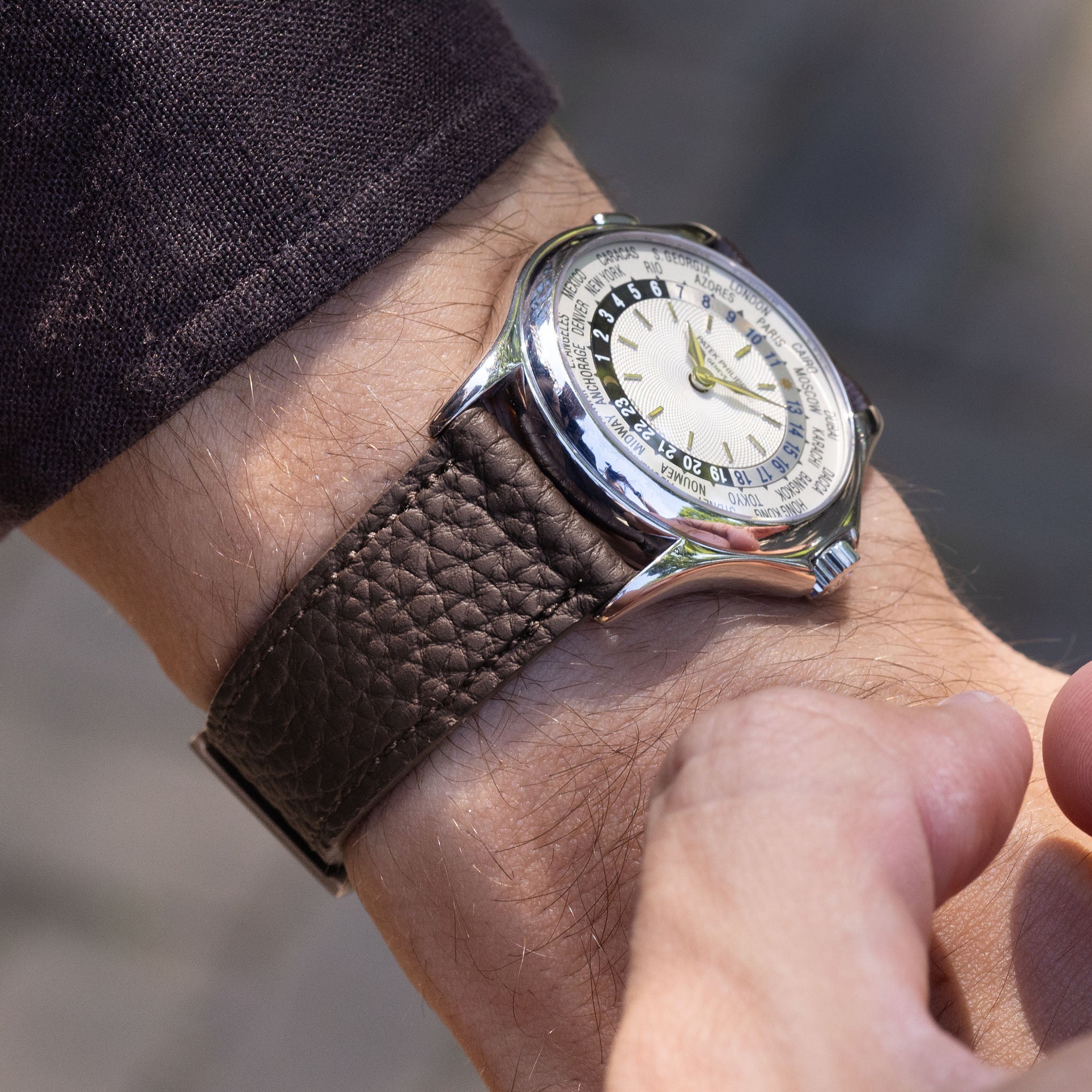 Grana Dark Brown Tonal Watch Strap on Patek Philippe ref. 5110 Word Time