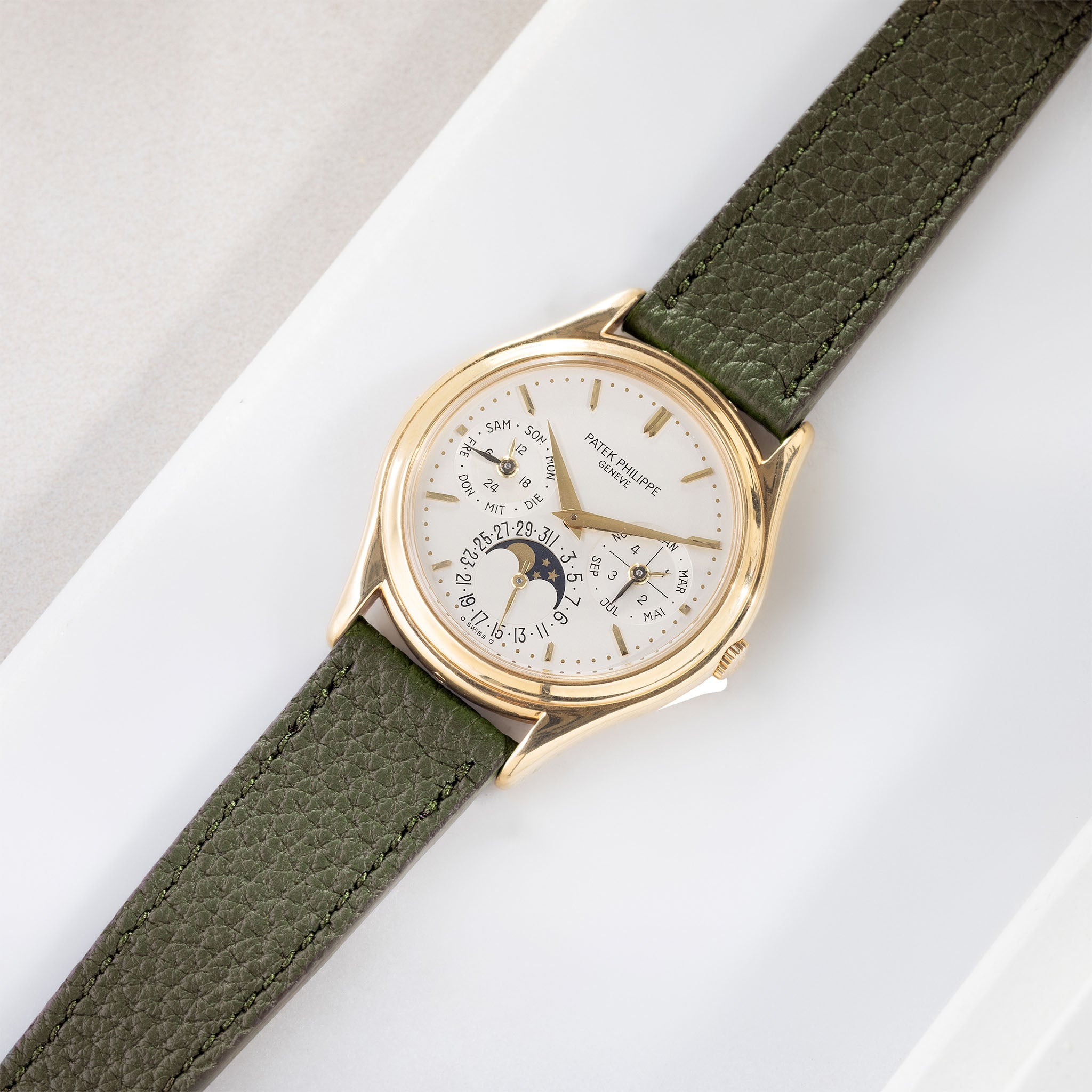 Grana Olive Tonal Leather Watch Strap on Patek 3940 Perpetual