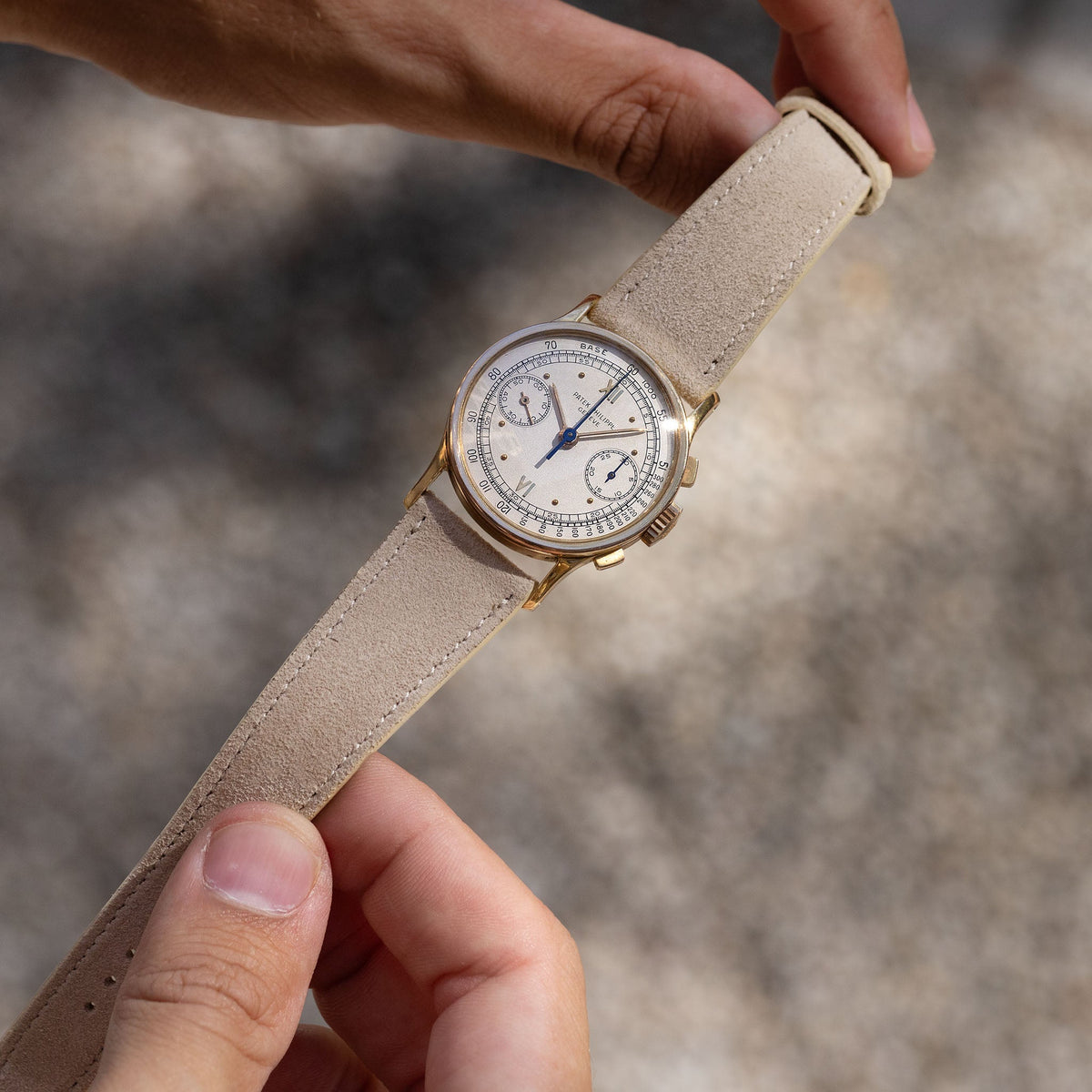 Goatskin Suede Leather Watch Strap - Soft Sand on Patek Philippe chronograph 533 and 130