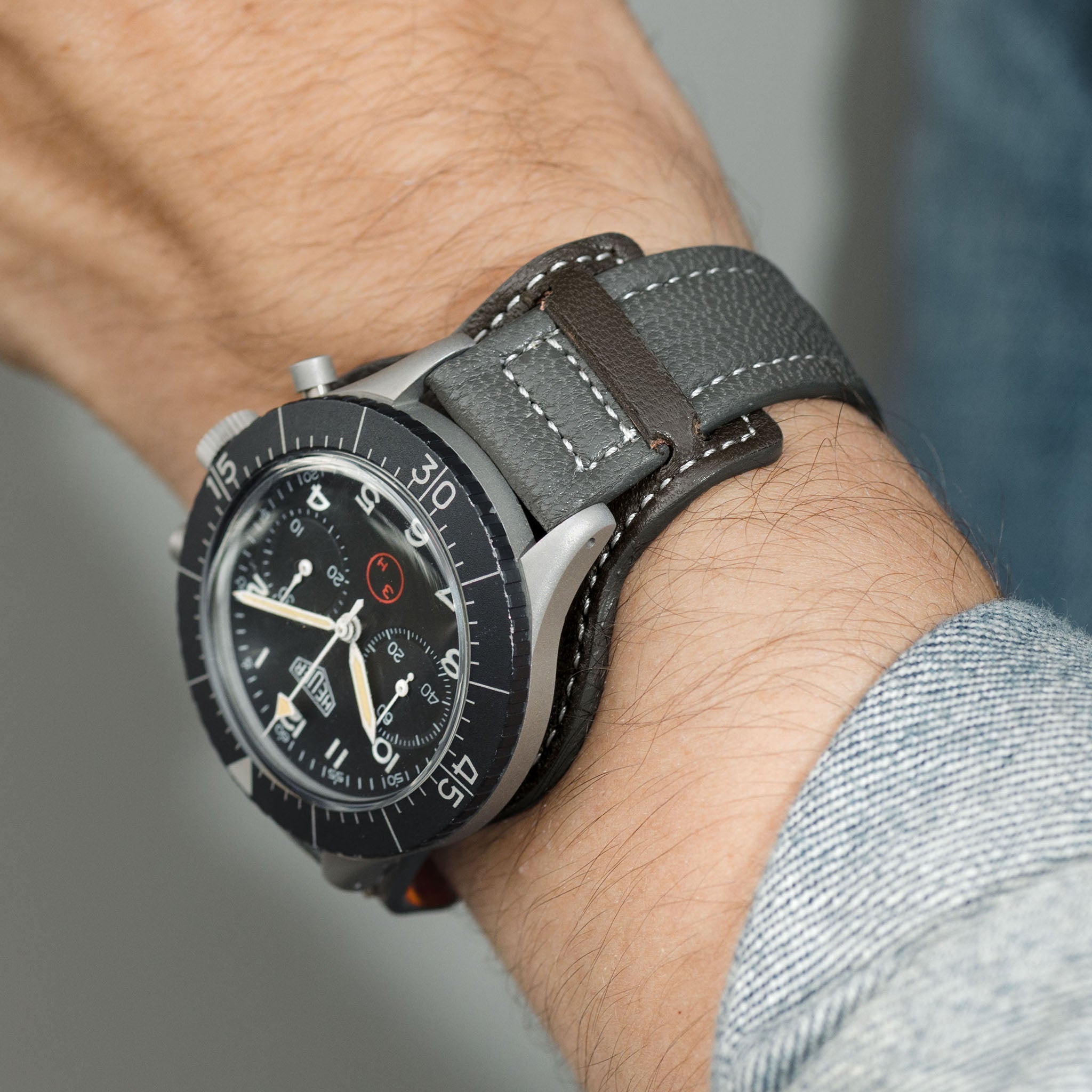 The Falco Bund Strap - Pilot Boxed - Padded Grey Goat Skin on a Heuer Bund 1550SG Chronograph 3H