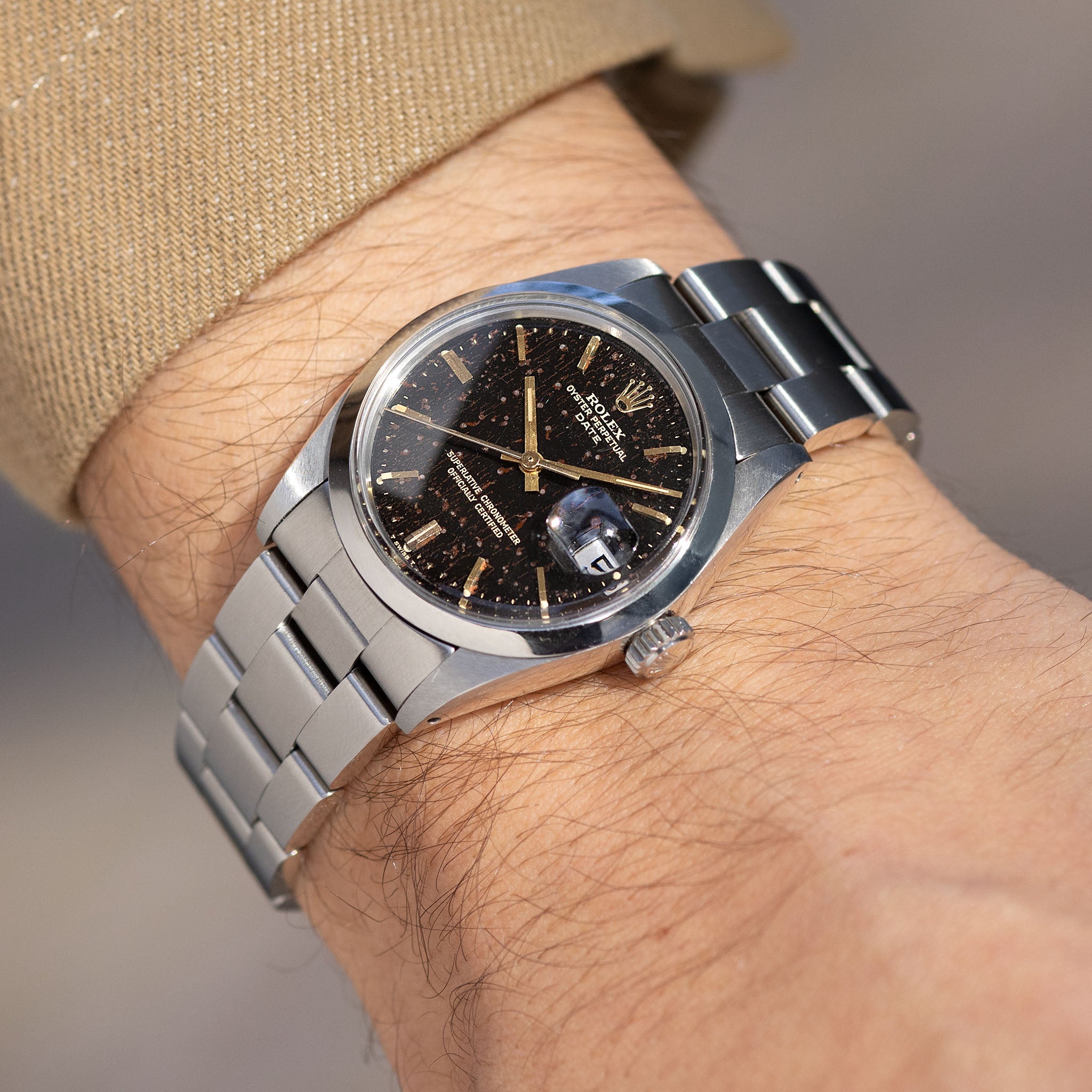 Rolex Oyster Perpetual Date 1500 Tropical Gilt Dial with Original Chronometer Paper