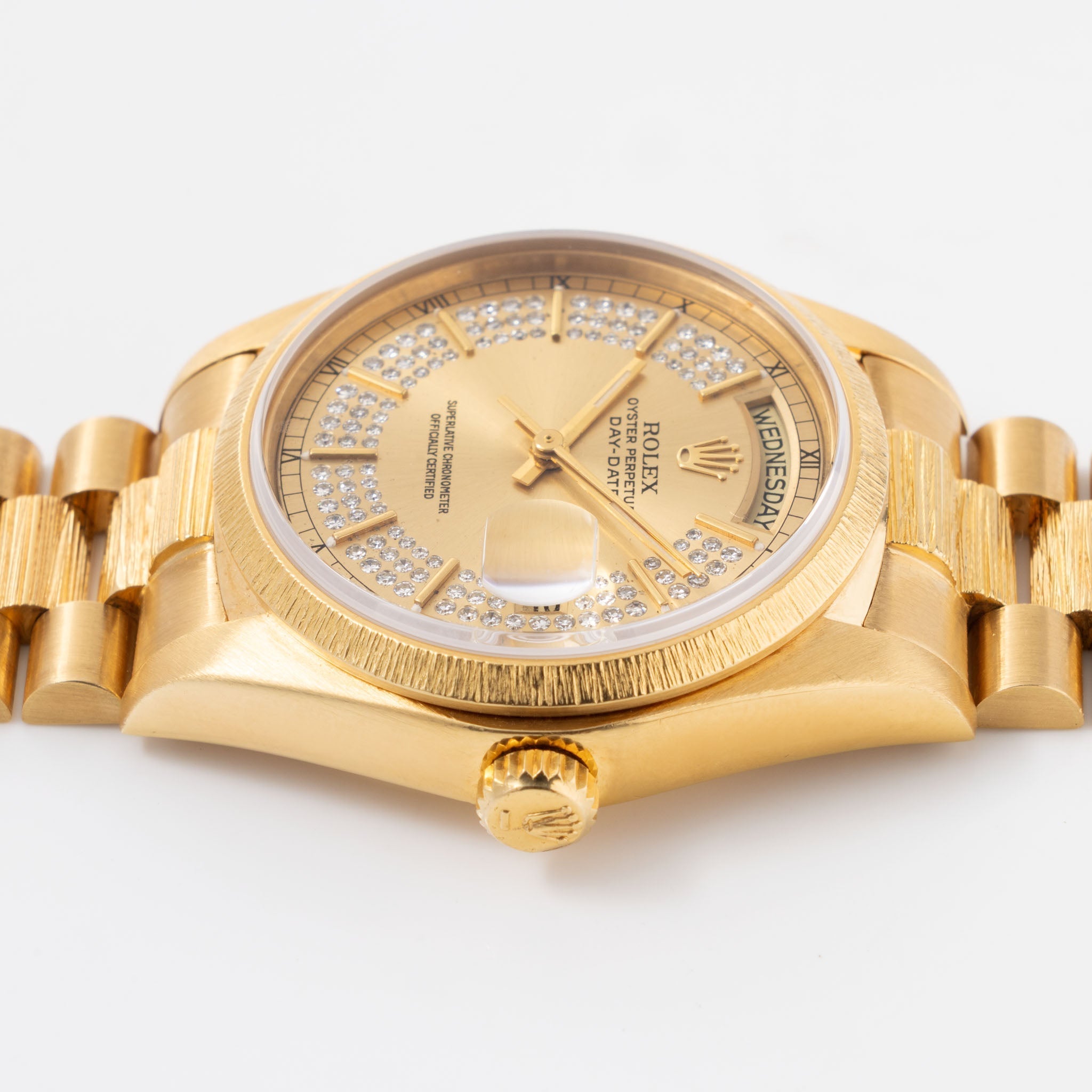 Rolex Day-Date Ref. 18078 Champagne String Diamond Dial with Bark Finish in 18k Yellow Gold