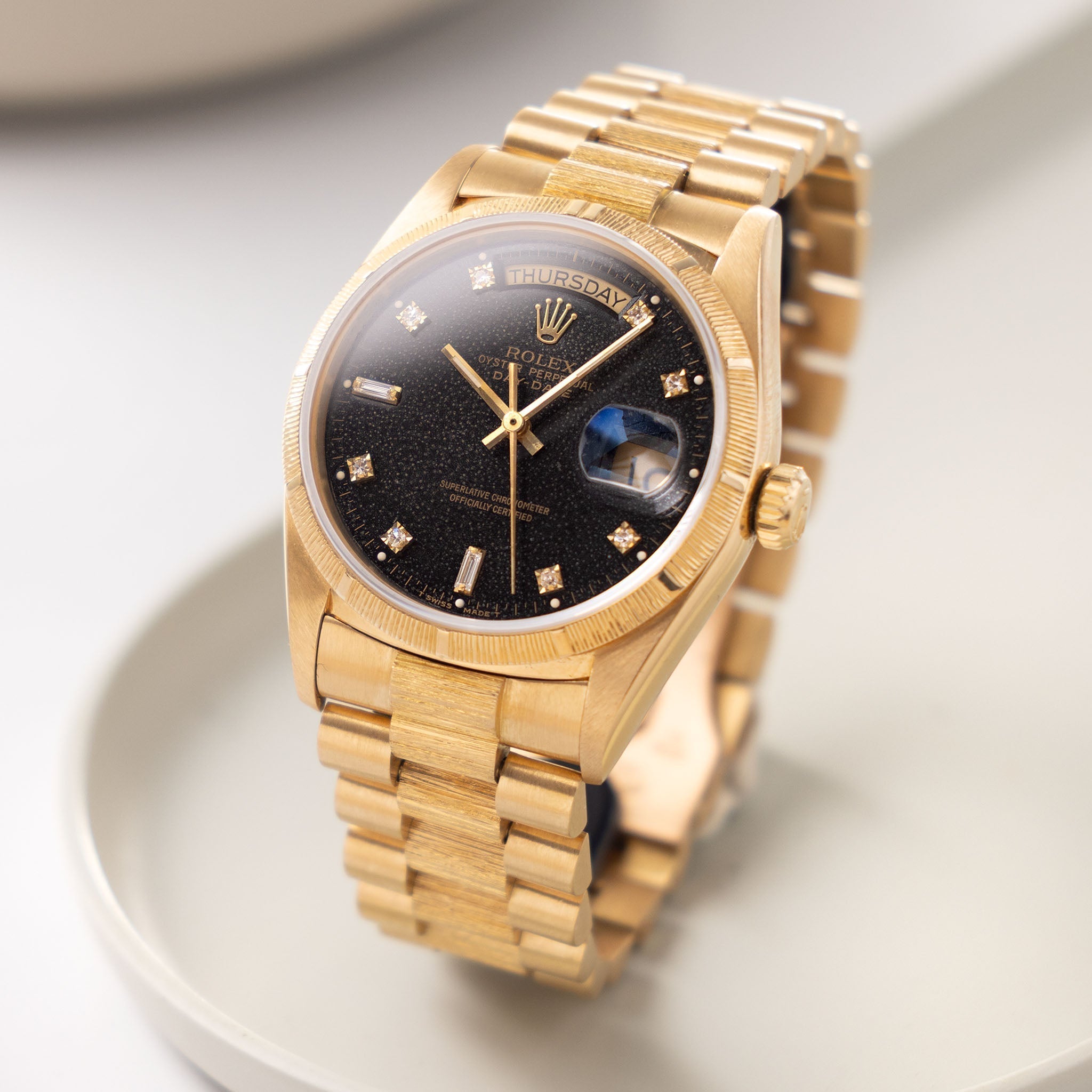 Rolex Day-Date Black Diamond "Stingray Patina" Dial Bark Finish Box and Paper Set Ref. 18078