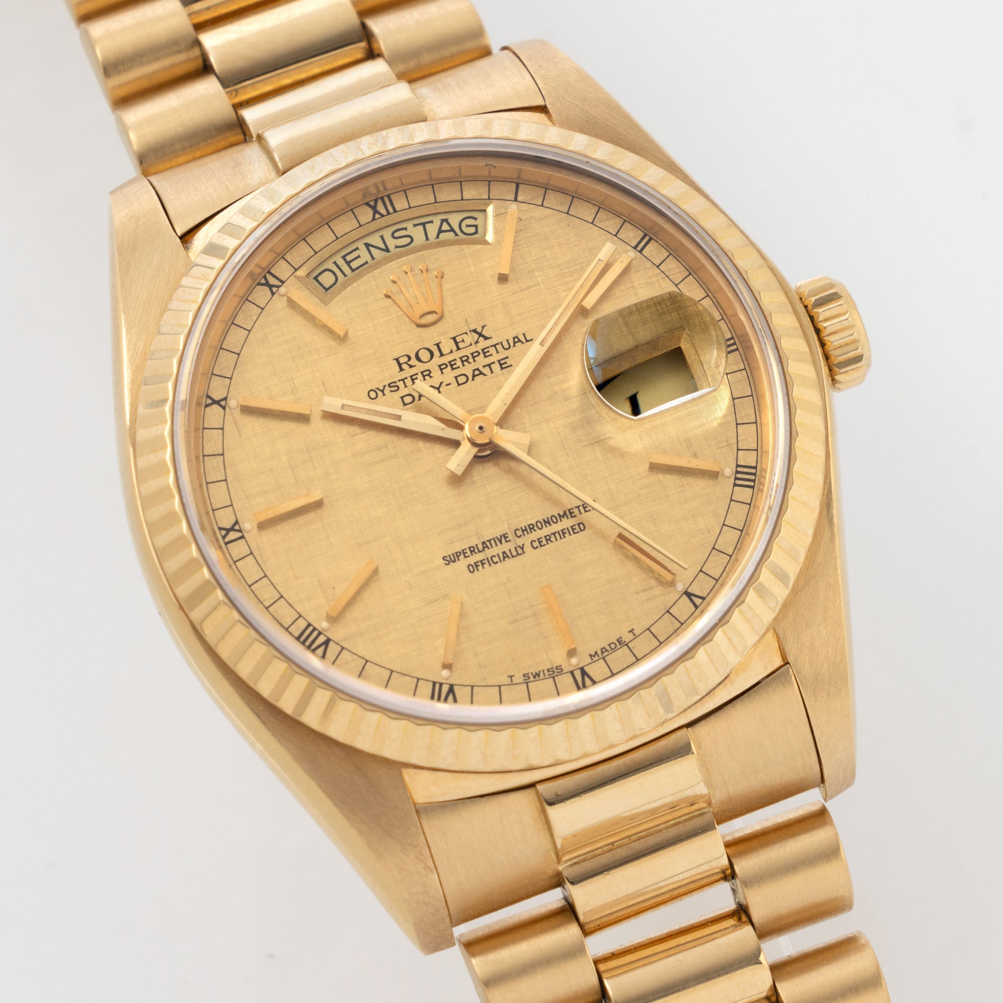 Rolex Day-Date 18038 Linen Champagne Dial in 18k Yellow Gold