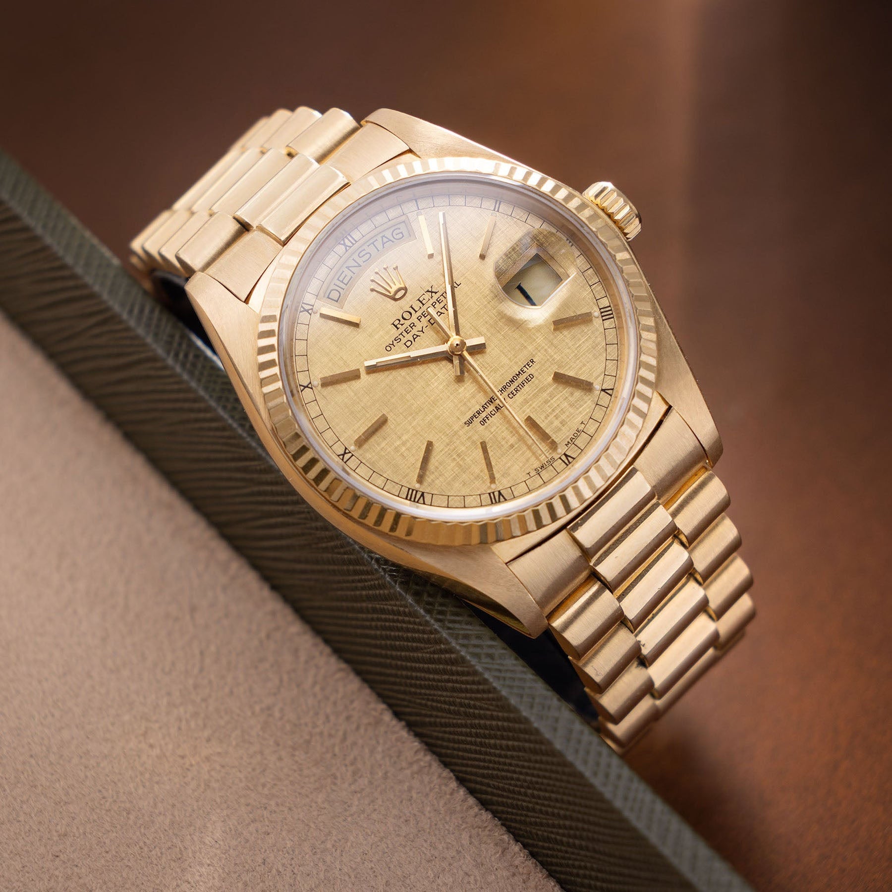 Rolex Day-Date 18038 Linen Champagne Dial in 18k Yellow Gold
