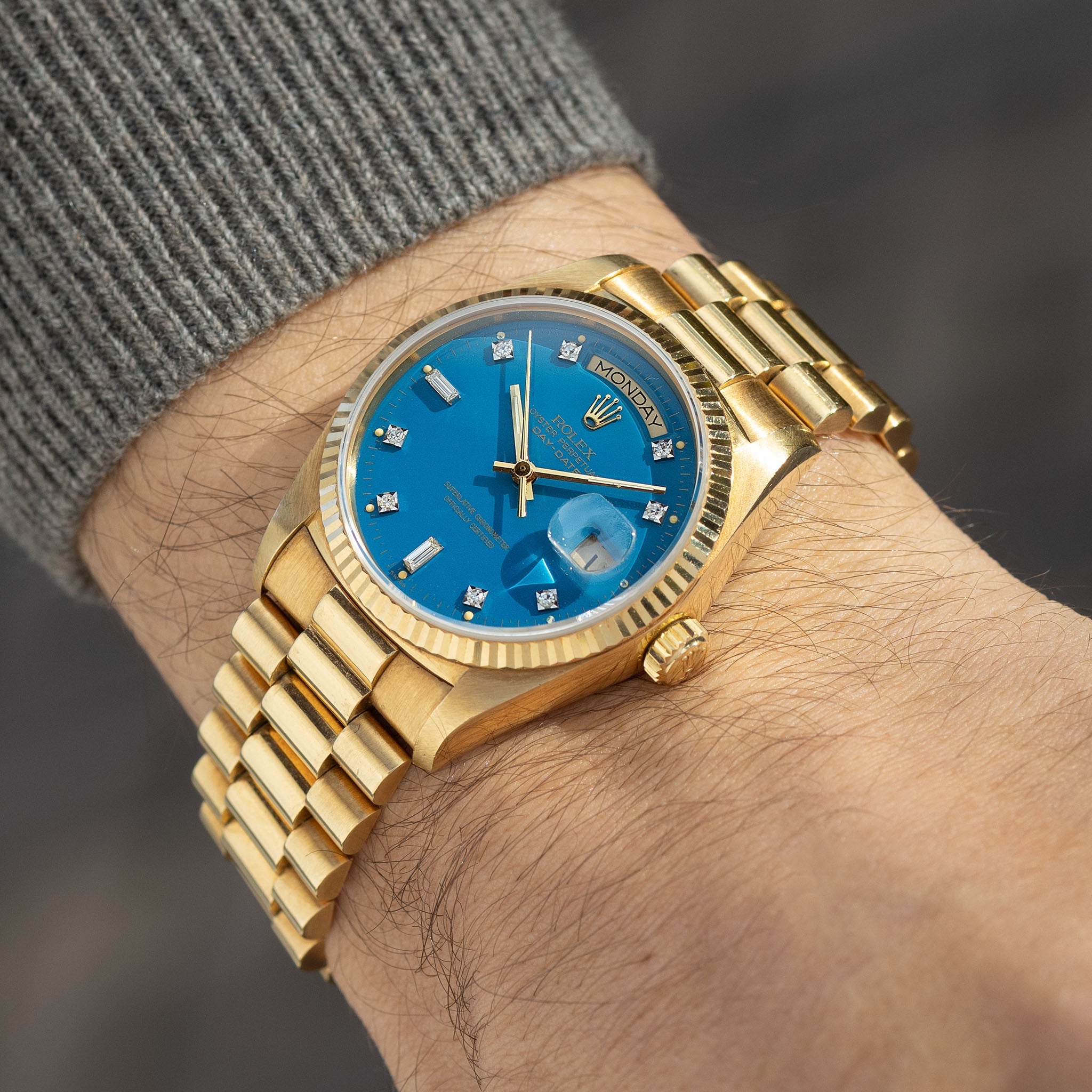 Rolex Day-Date 18038 Petrol Blue Stella Dial in 18k Yellow Gold