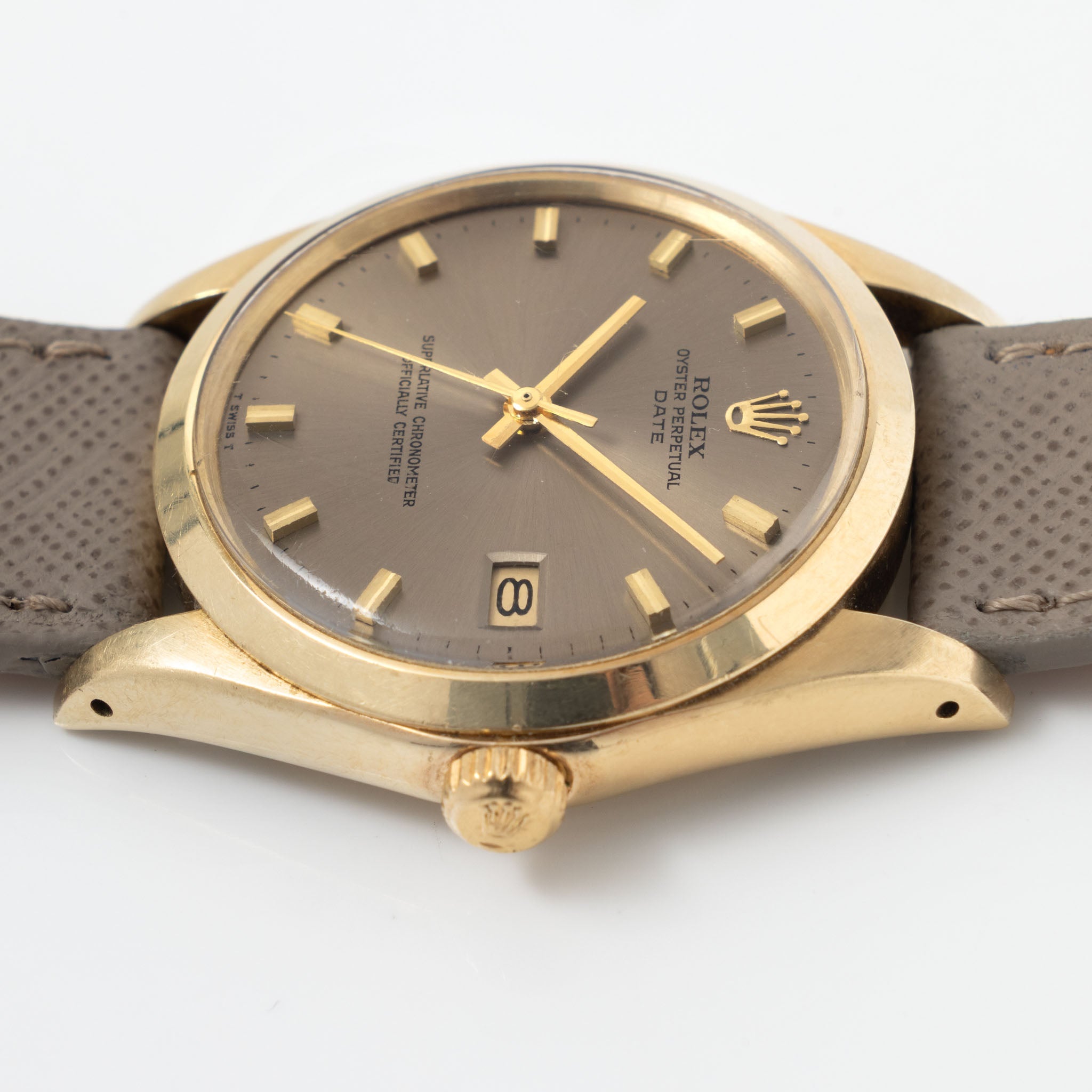 Rolex Date Grey Singer “test dial “ in 14 k Yellow Gold ref 1500