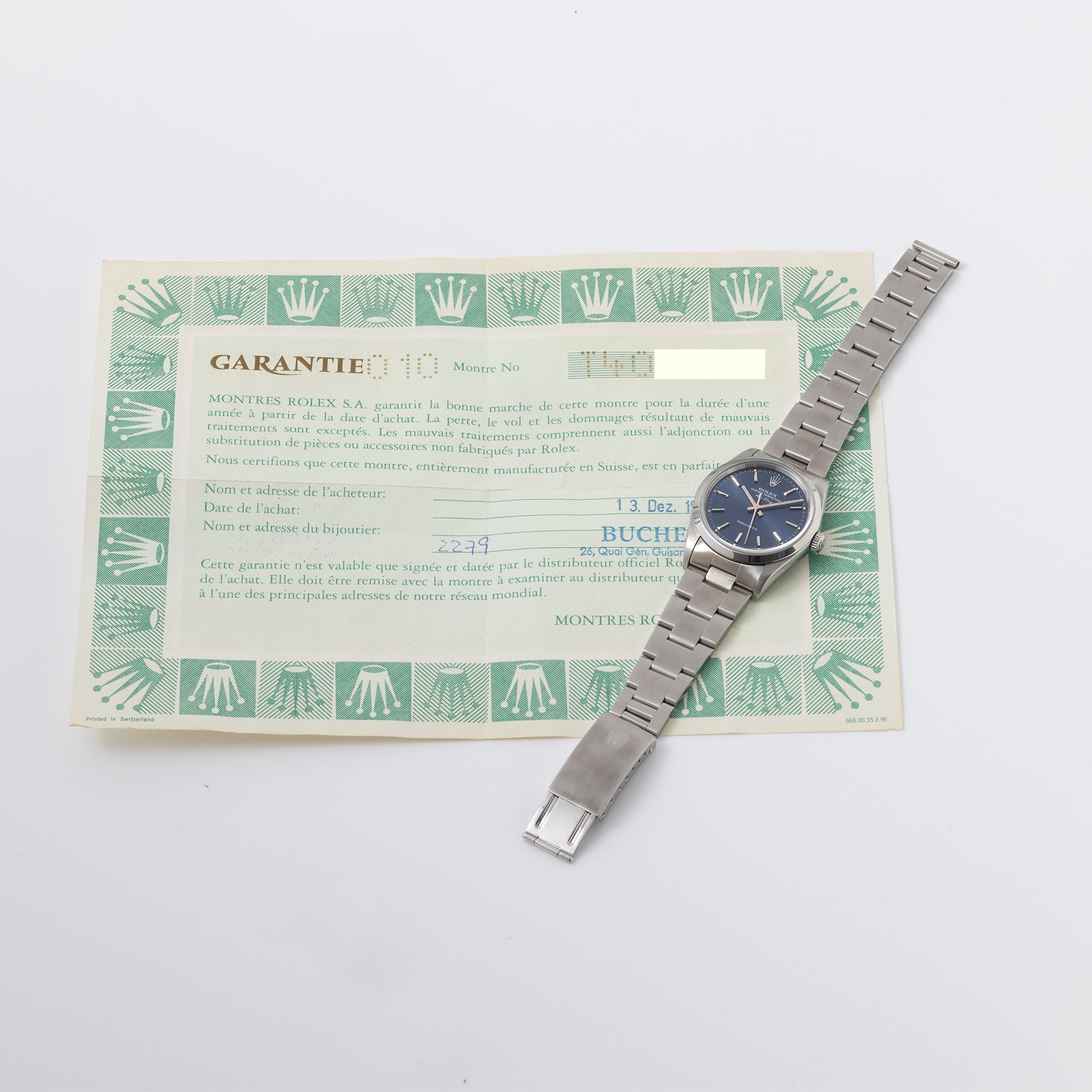 Rolex Air-King 14000 Blue Soleil Finish Dial with Original Punched Papers