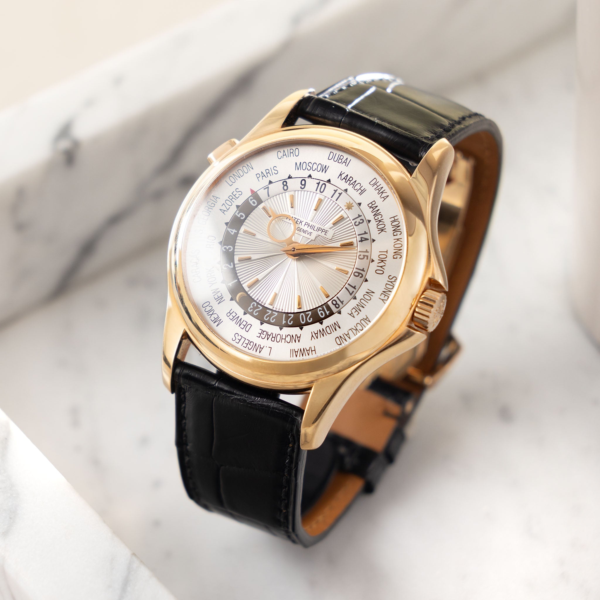 Patek Philippe World Time ref 5130R Guilloché Dial in 18k Rose Gold with Box and Papers