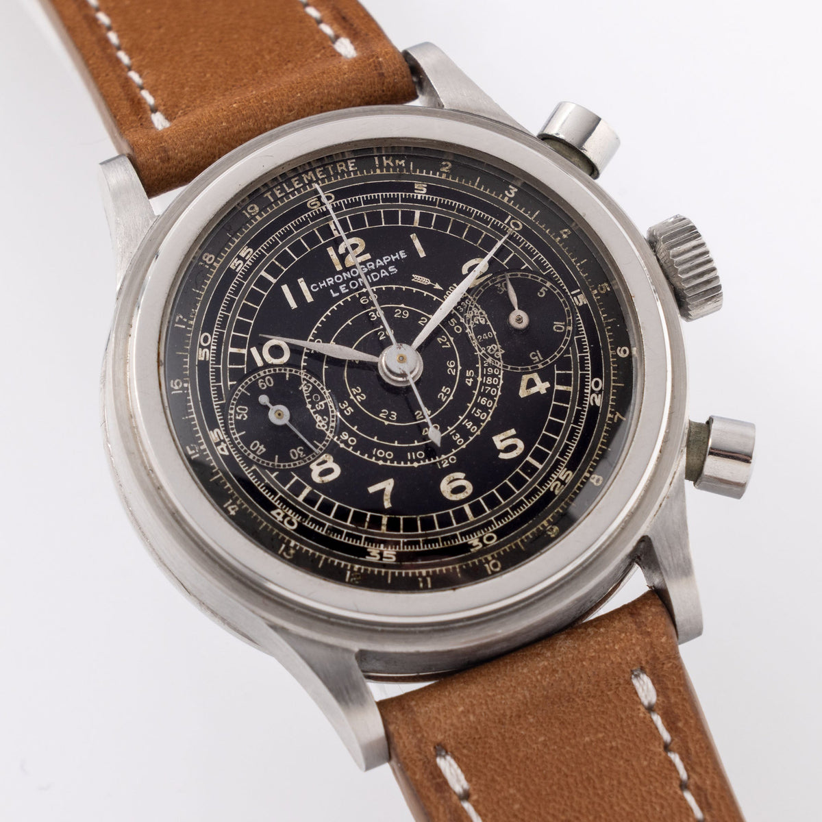 Leonidas Oversized Steel Step Case Millitary Style Chronograph Black Dial Valjoux 22