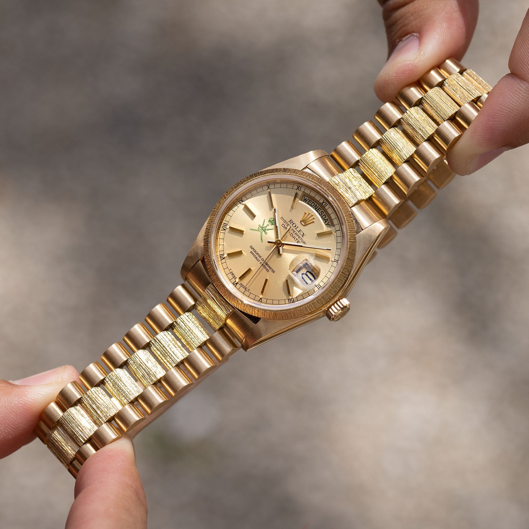 Rolex Day-Date 18078 Green Khanjar Champagne Dial Bark Finish in 18k Yellow Gold