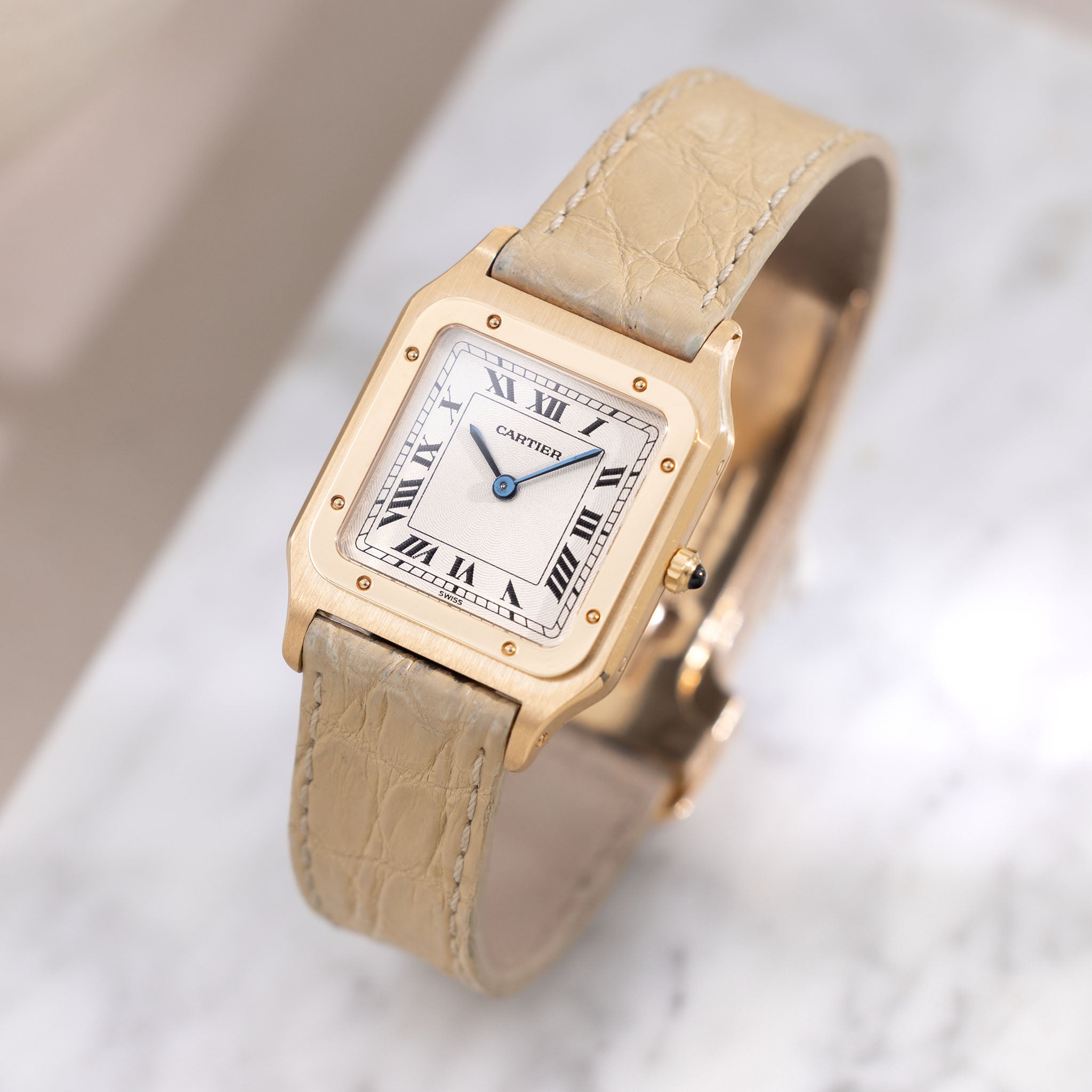 Cartier Santos Dumont ultra thin Guilloché dial with box and warrantee paper ref 8210