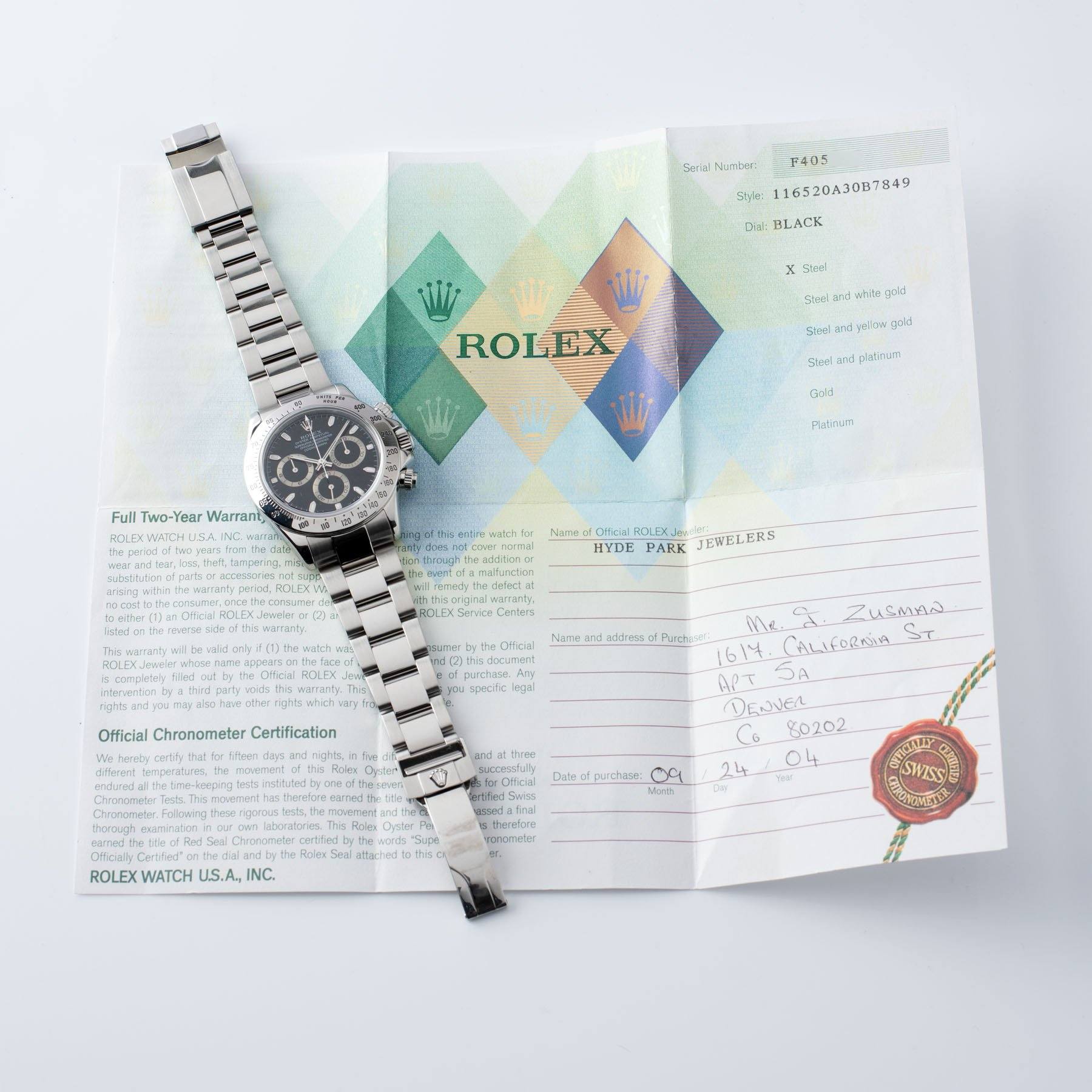 Original papers Rolex Daytona Steel 116520 Black Dial Box and Papers on Oyster bracelet