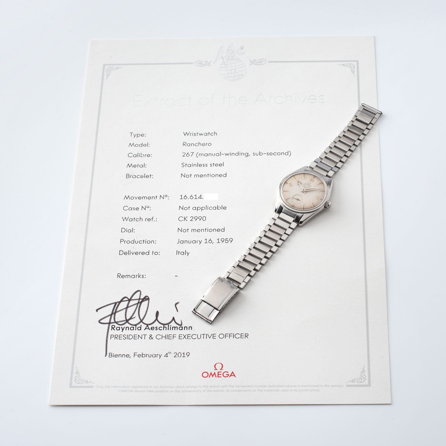 Omega Ranchero White Waffle Dial 2990 with Archive Extract