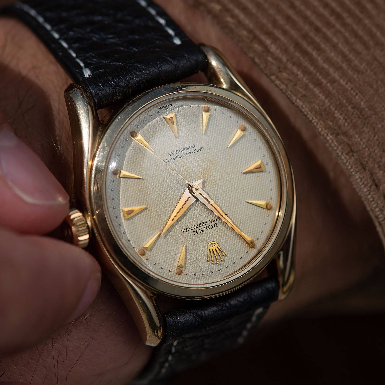 Rolex Oyster Perpetual Bombe Waffle Dial Gold 6102