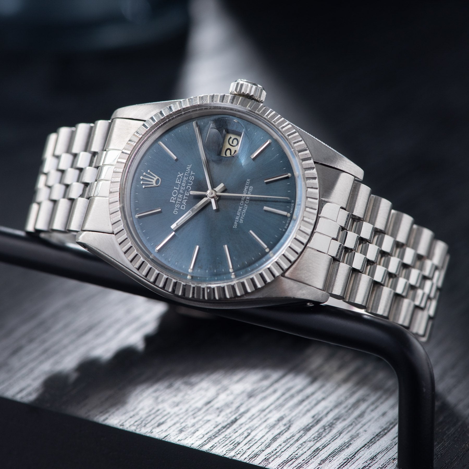 Rolex Datejust Blue Soleil Dial 16030 with a quick-set date movement
