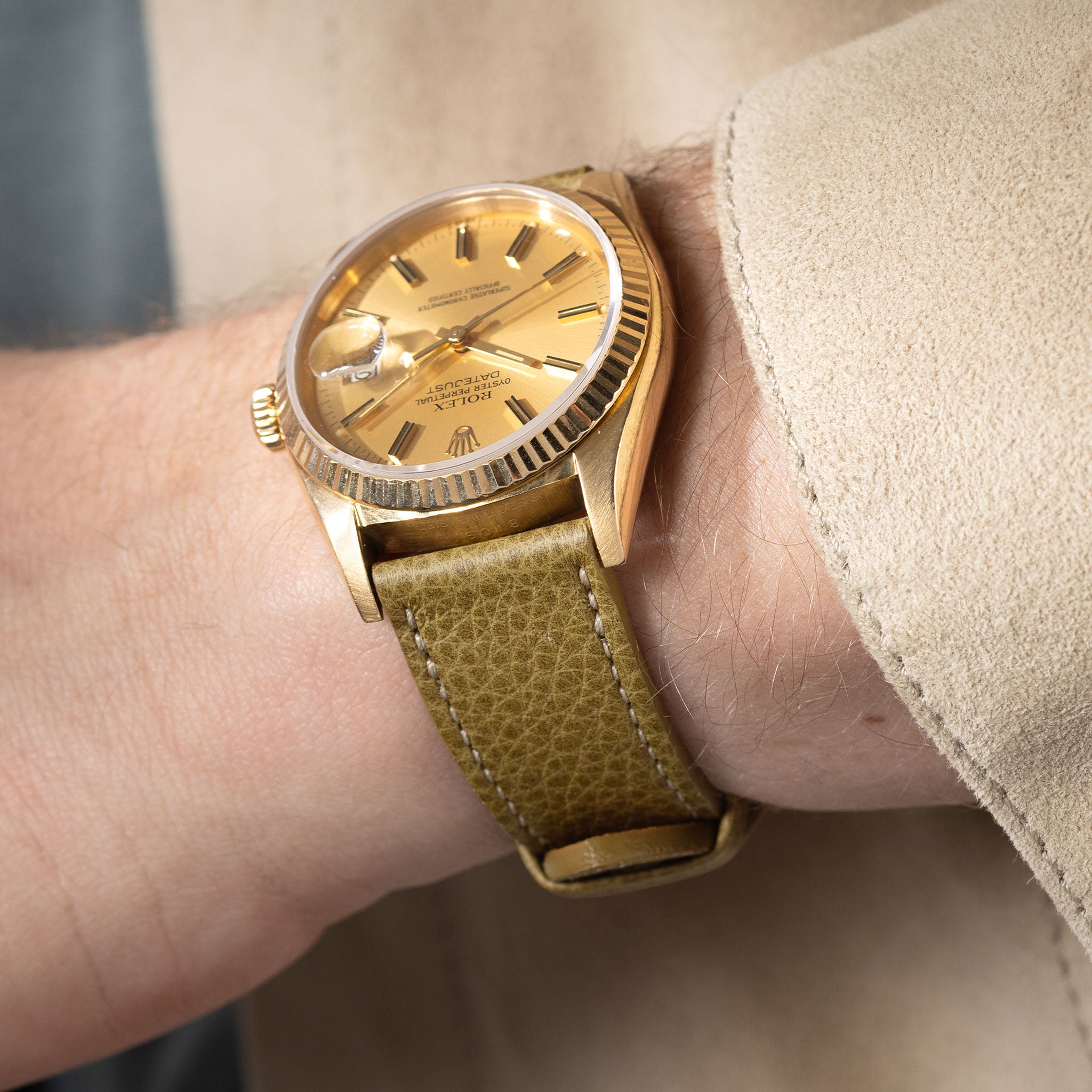 Grained_Green_Leather_Watch_Strap_For_Rolex_Daydate_Yellowgold_16018