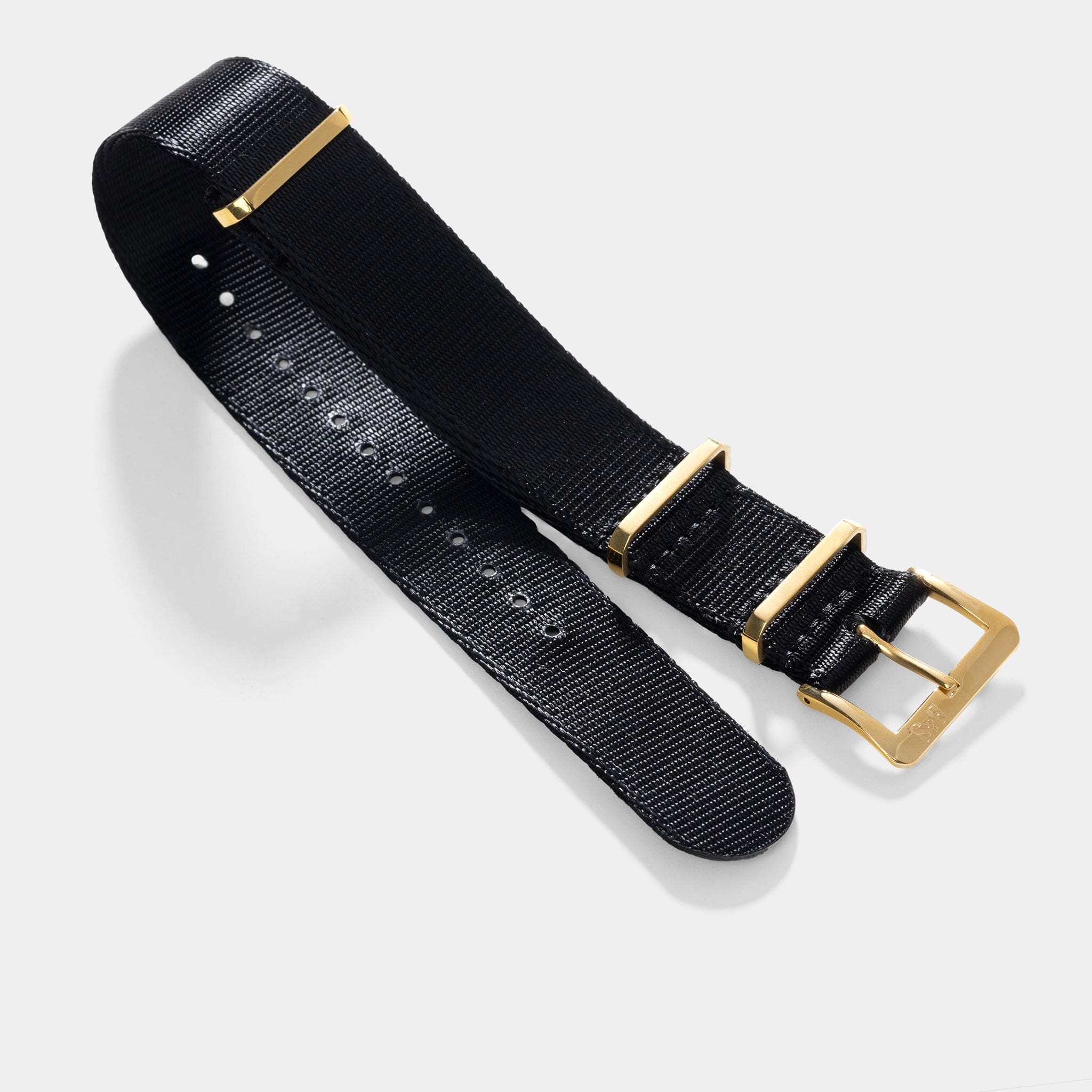 Sample Sale - Deluxe Nylon Single Pass Watch Strap Pure Black - Gold - 22mm