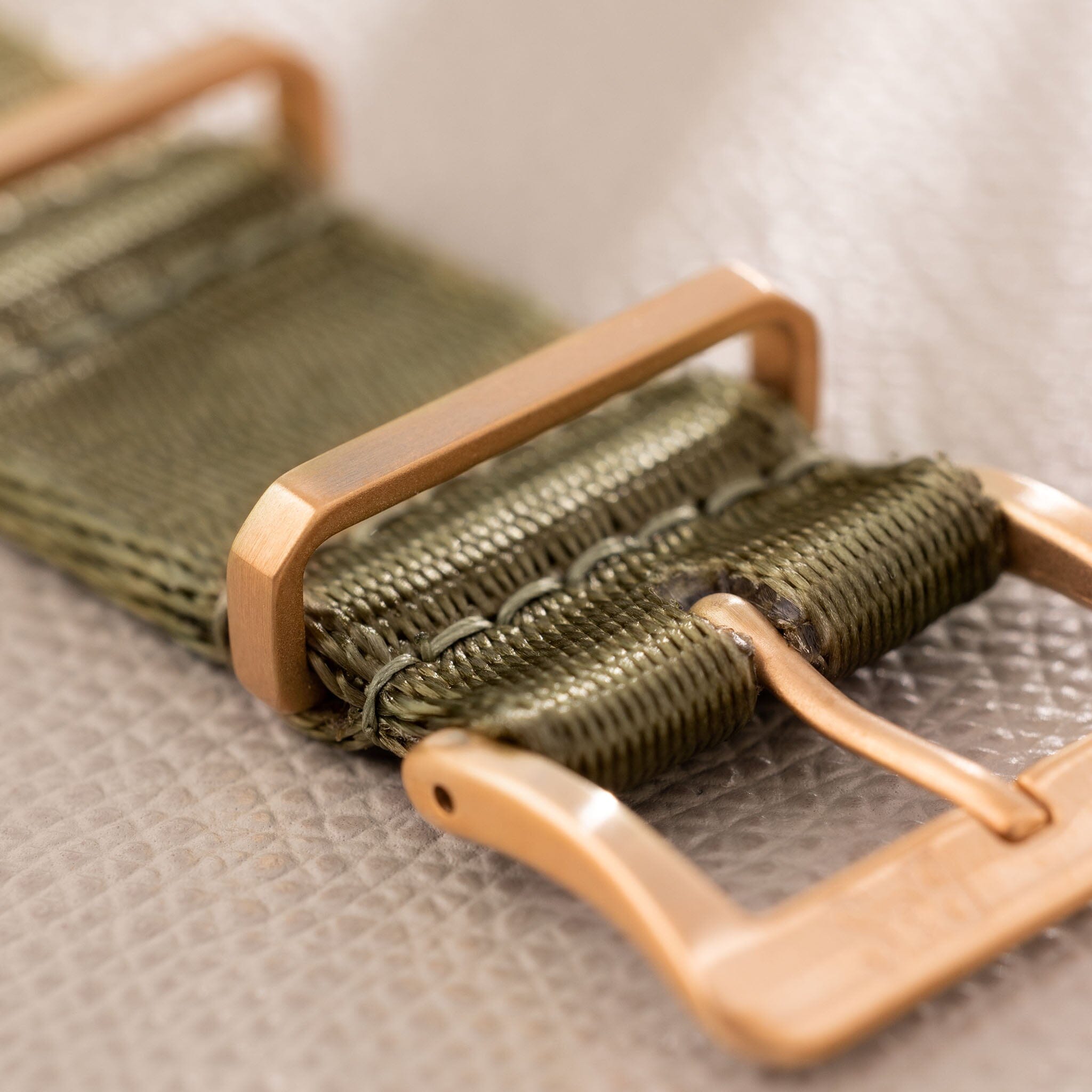 Sample Sale - Deluxe Nylon Single Pass Watch Strap Olive Drab Green - Rose Gold Brushed - 22mm