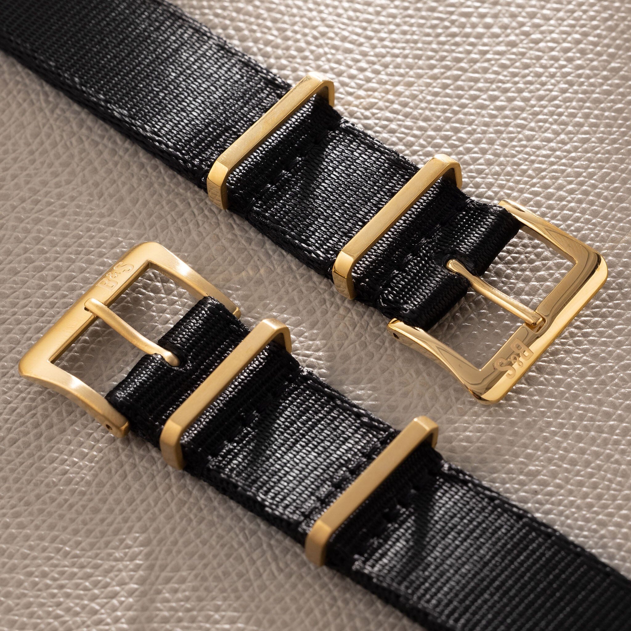 Sample Sale - Deluxe Nylon Single Pass Watch Strap Pure Black - Gold Brushed - 22mm