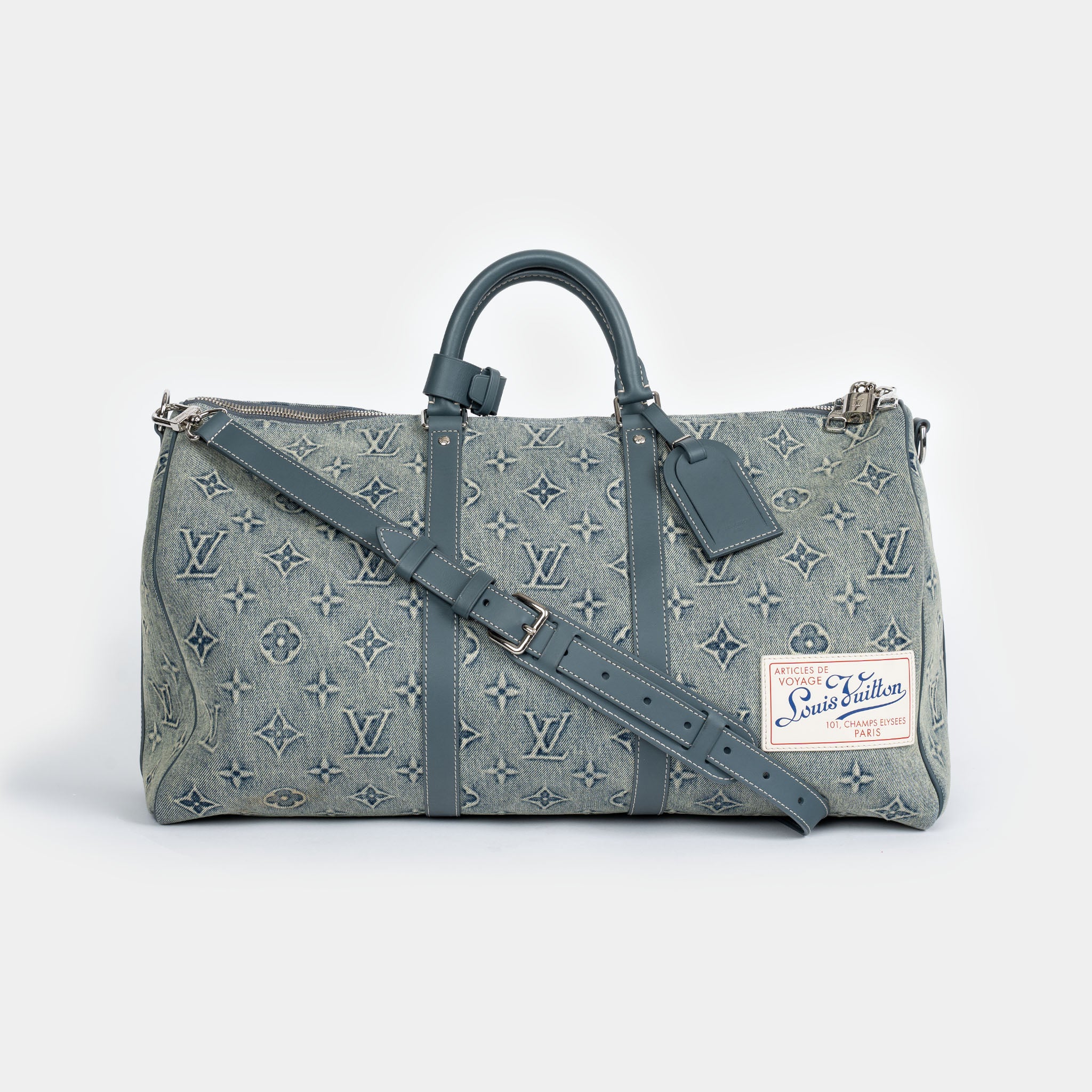 Louis Vuitton Monogram Washed Denim Keepall Bandouliere 50 Blue