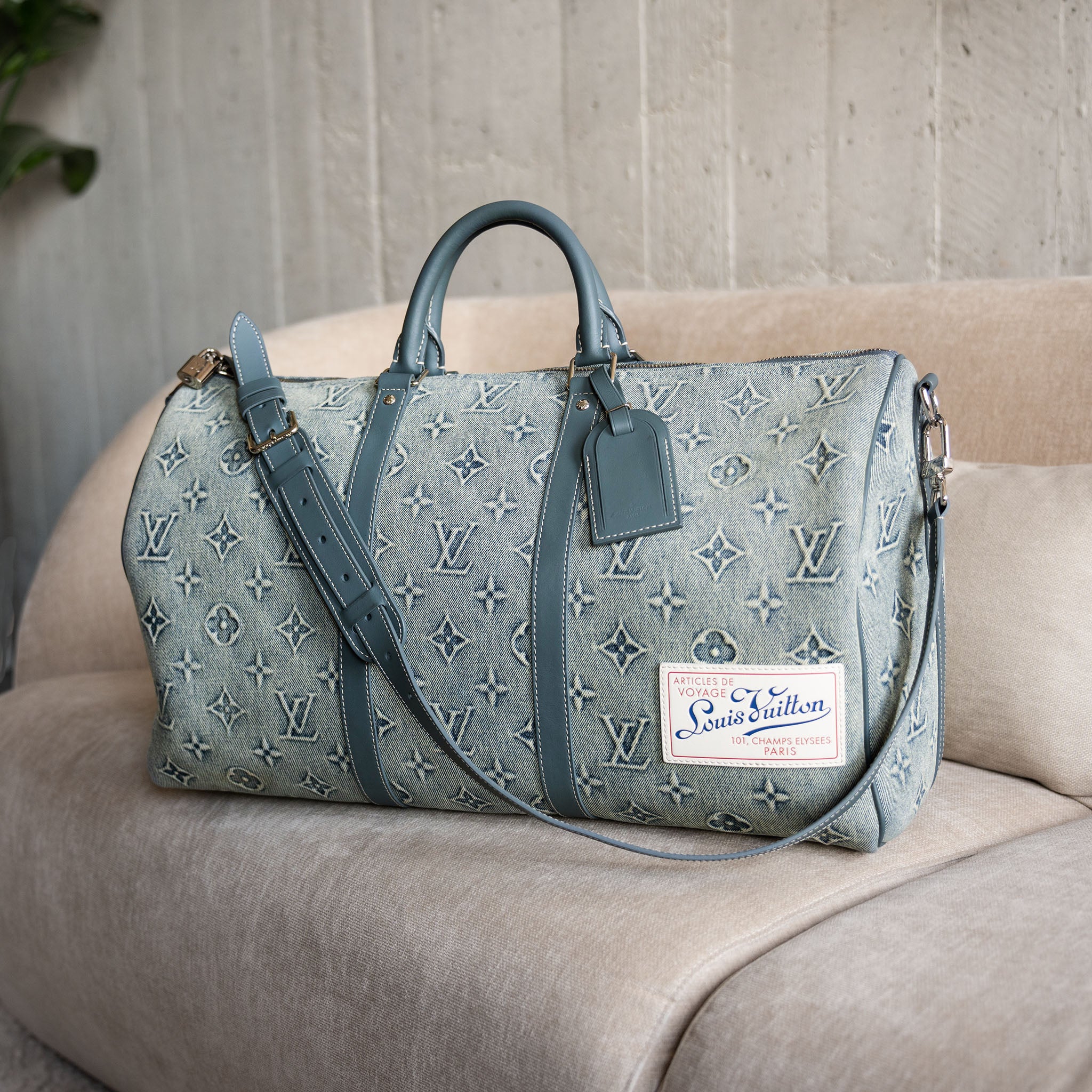 Louis Vuitton Monogram Washed Denim Keepall Bandouliere 50 Blue