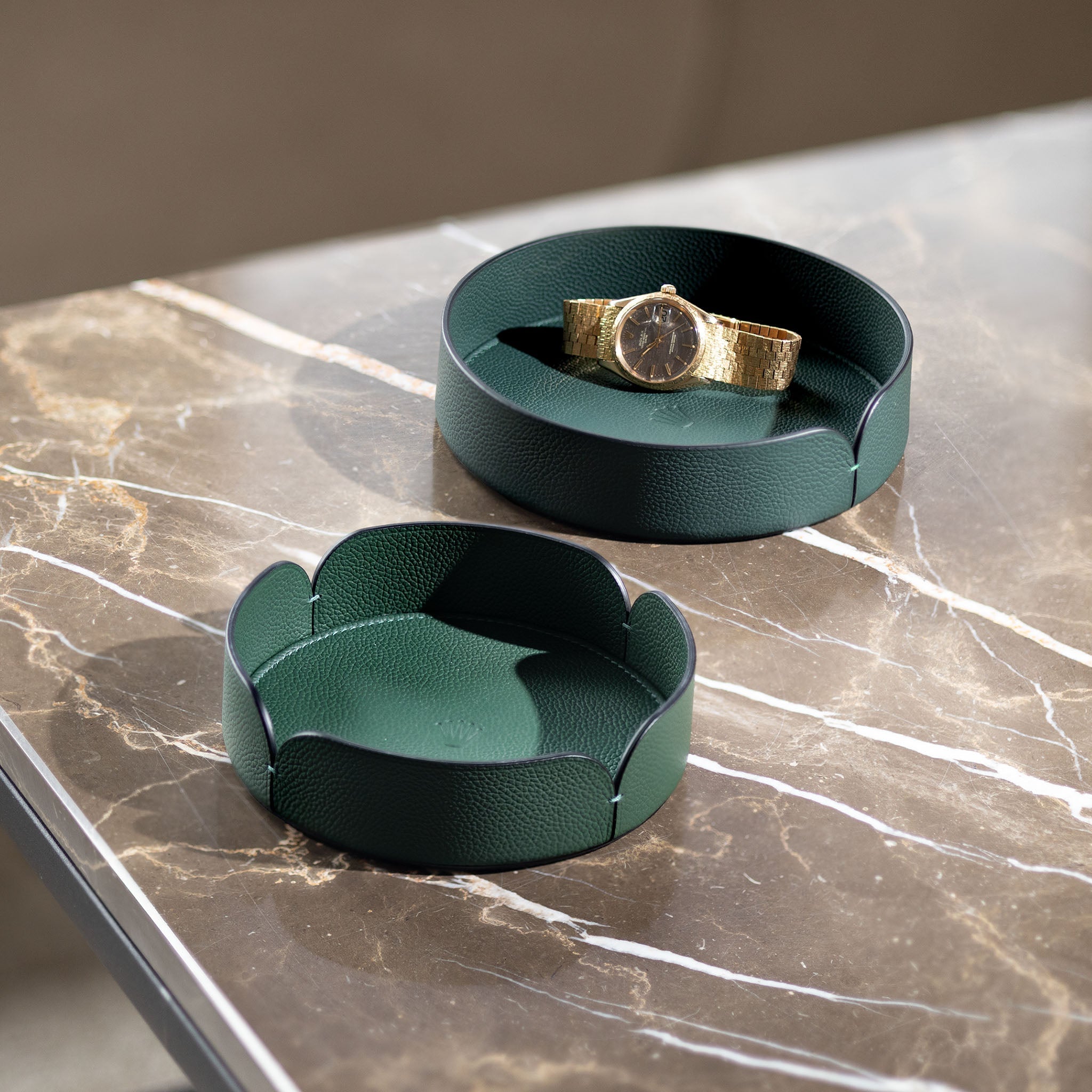 Rolex Set of Two  Green Leather Organisers Trays