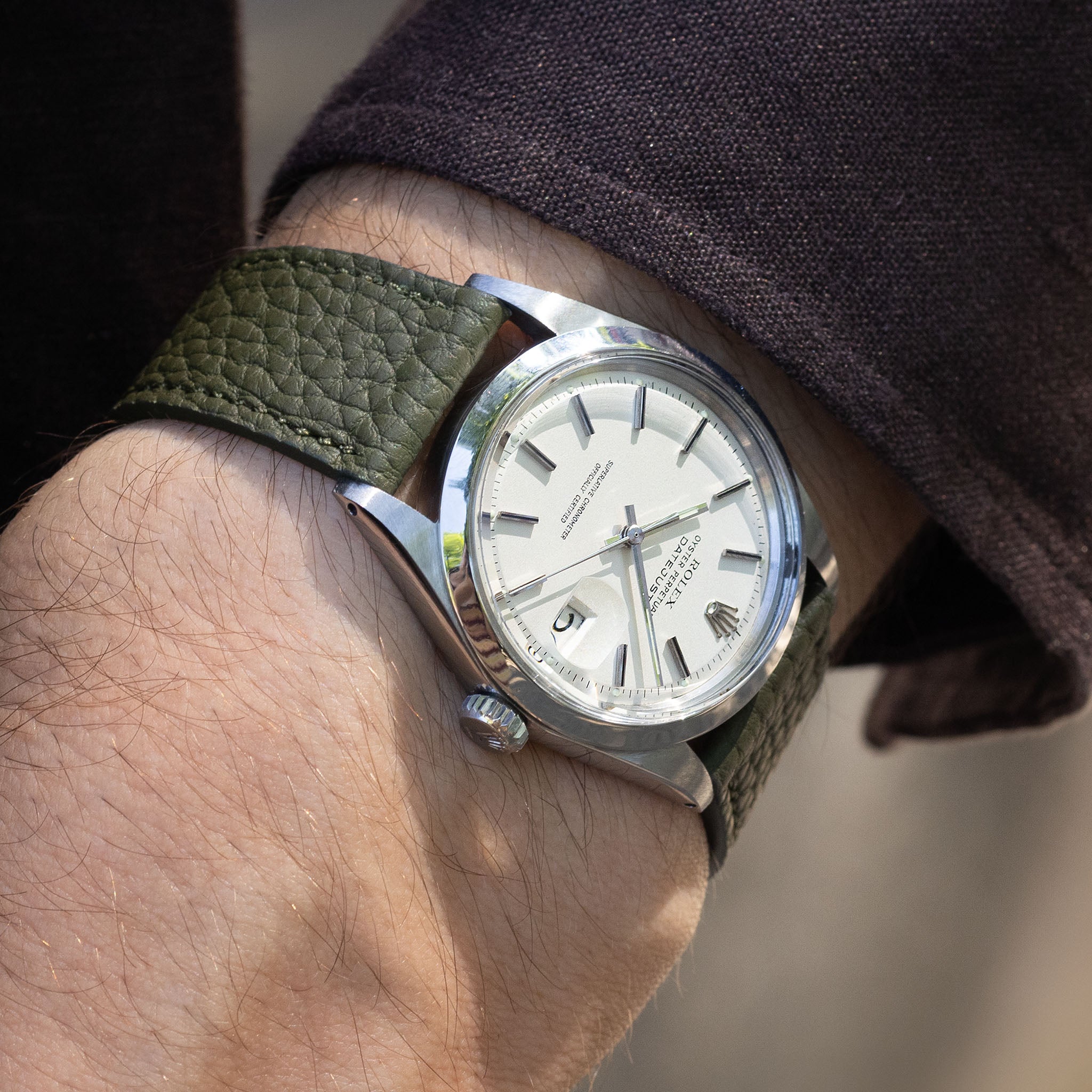 Grana Olive Tonal Leather Watch Strap on Rolex Datejust