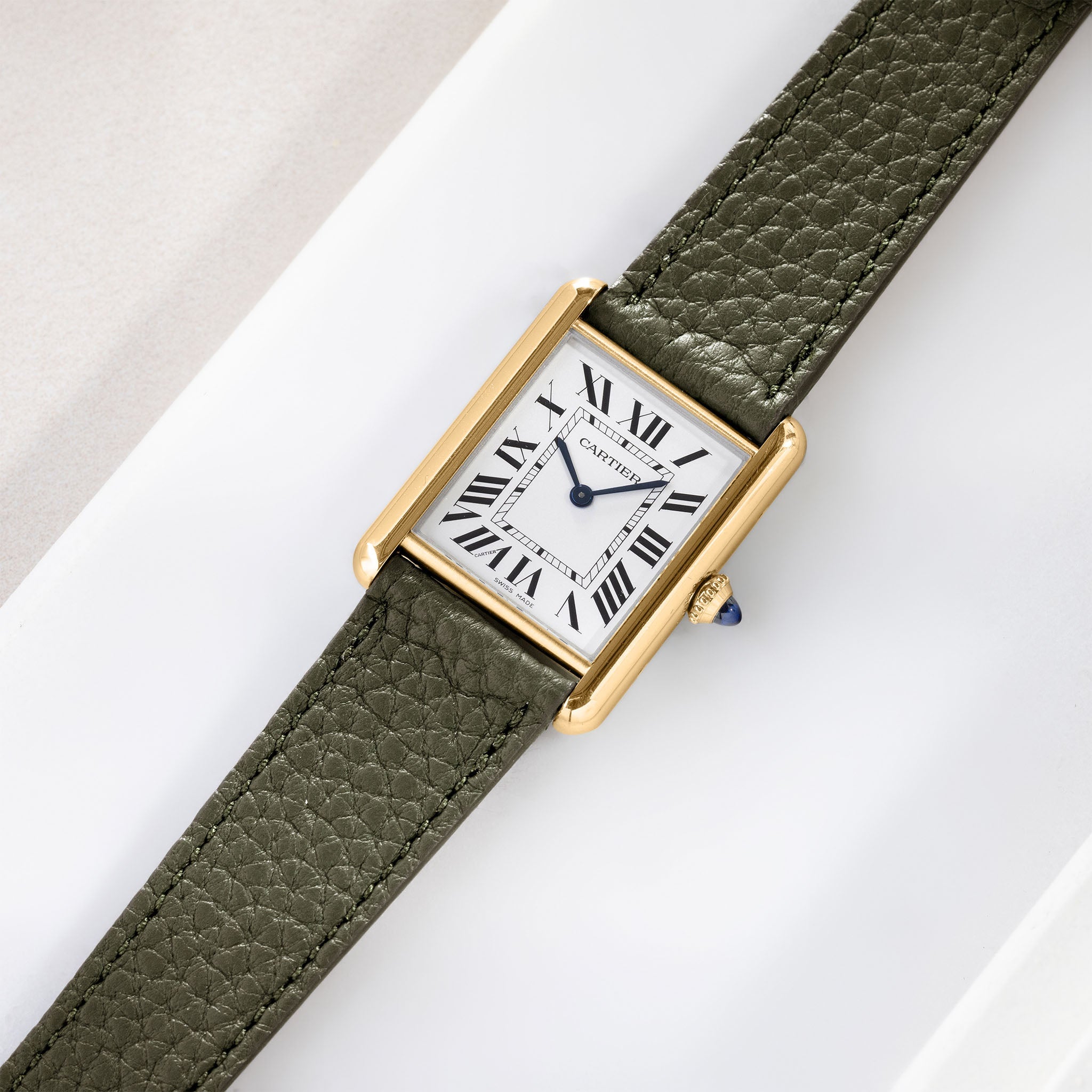 Grana Olive Tonal Leather Watch Strap on Cartier Tank Louise