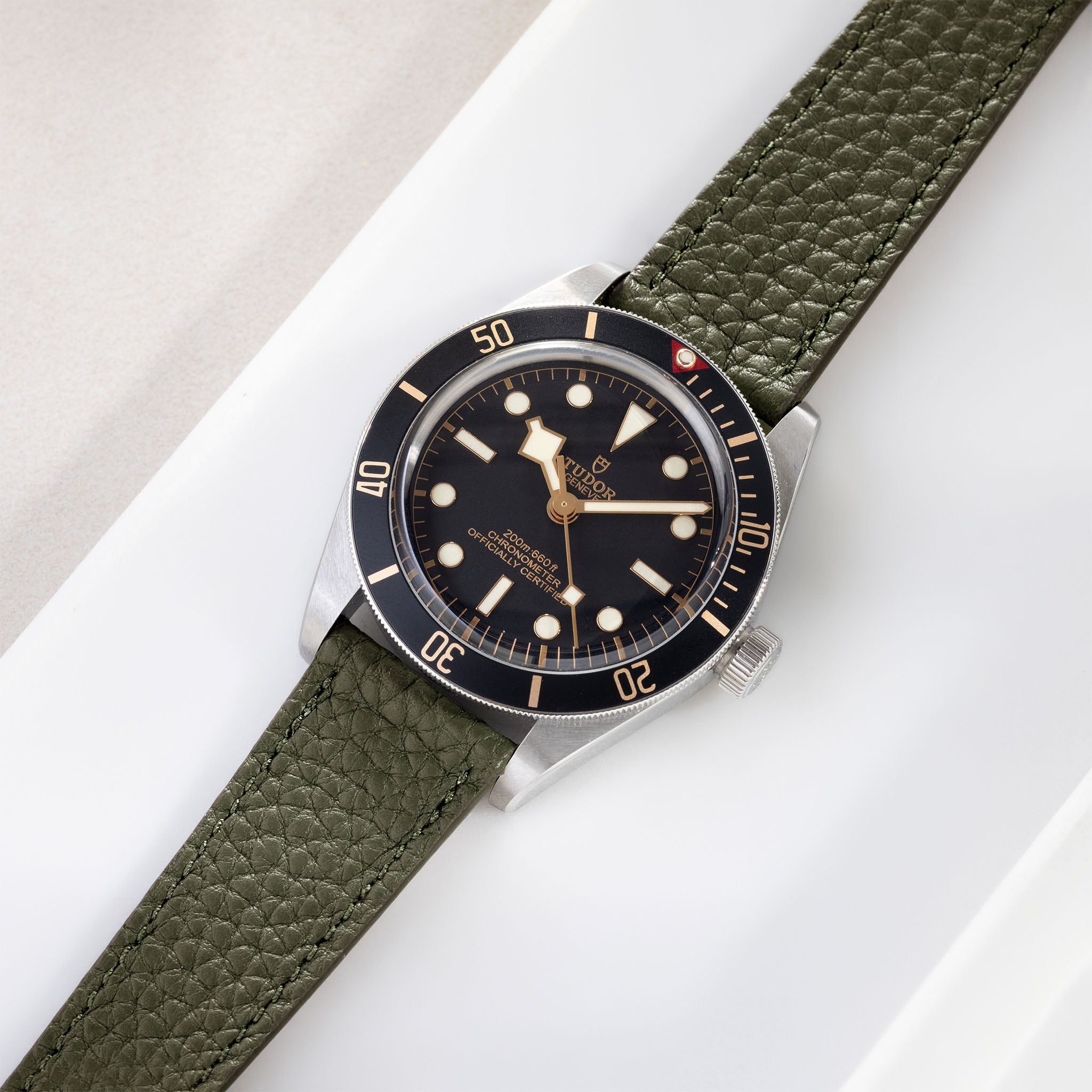 Grana Olive Tonal Leather Watch Strap on Tudor Black Bay 58