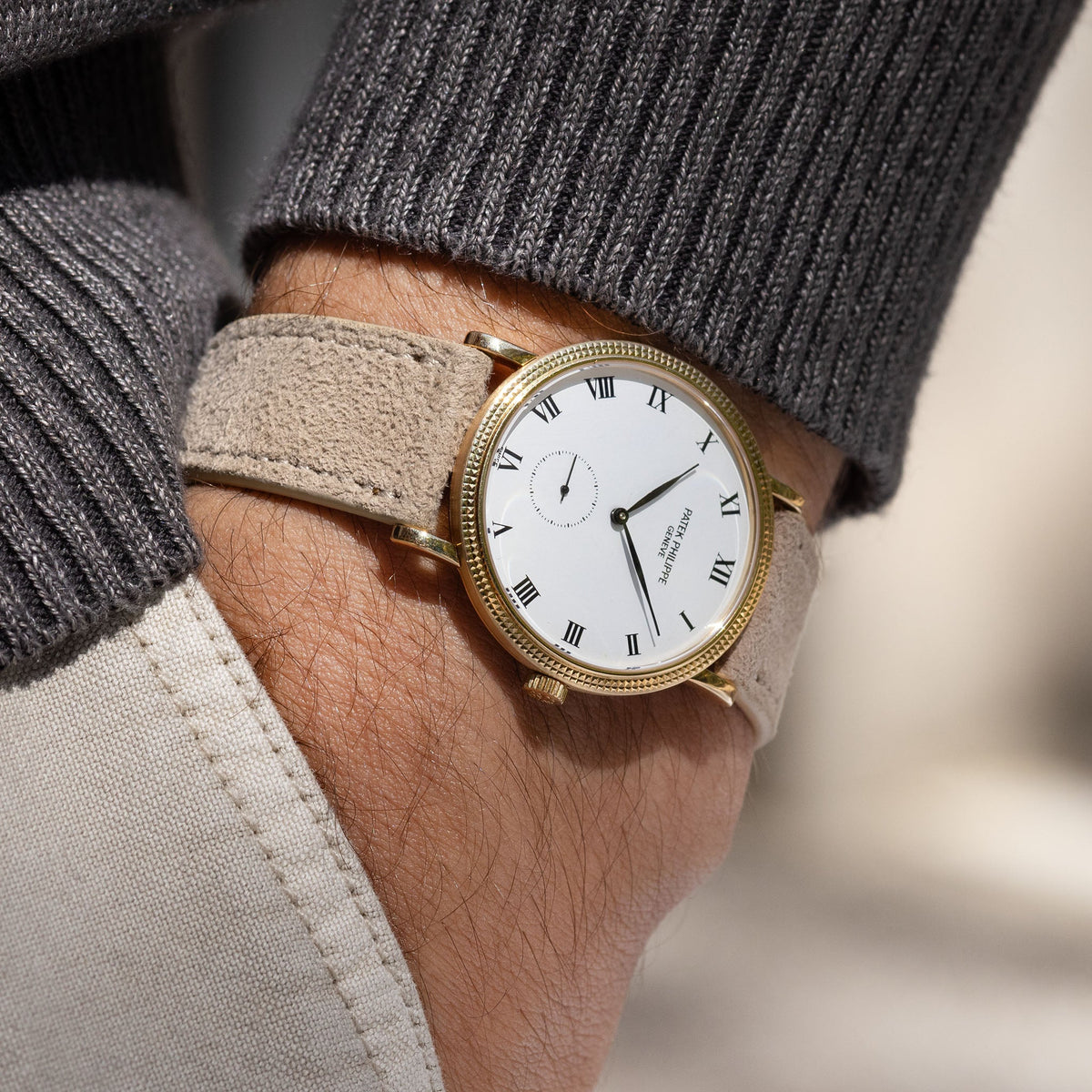 Goatskin Suede Leather Watch Strap - Soft Sand on Patek Philippe Calatrava