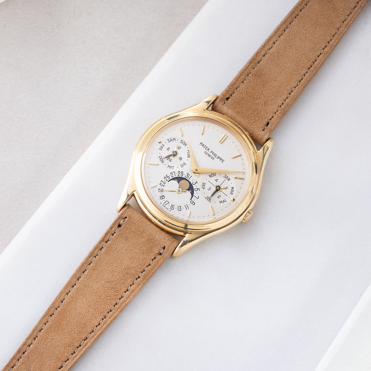 Goatskin Suede Leather Watch Strap - Warm Cognac on Patek Philippe 3940
