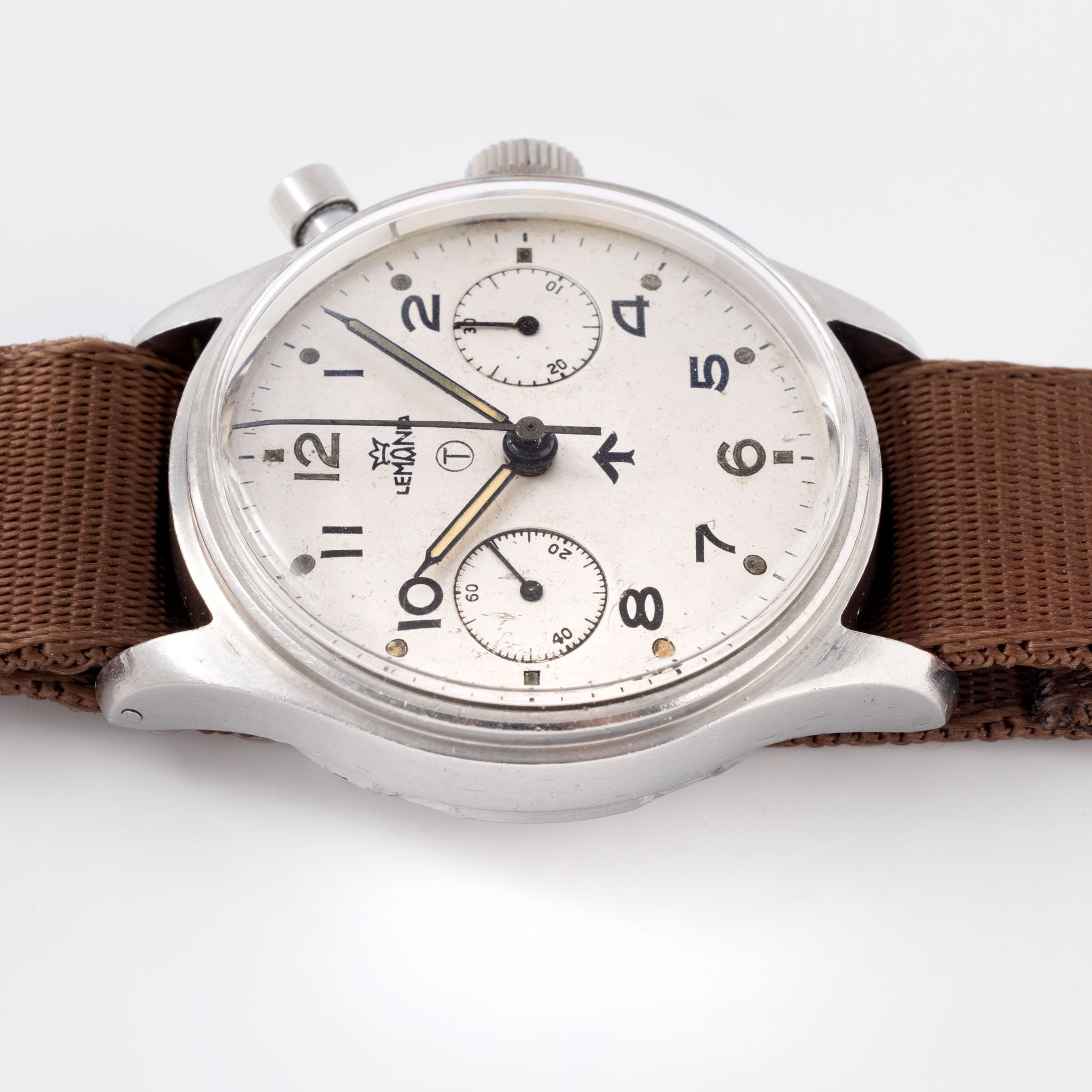 Lemania Monopusher Military Chronograph silver dial 15CHT