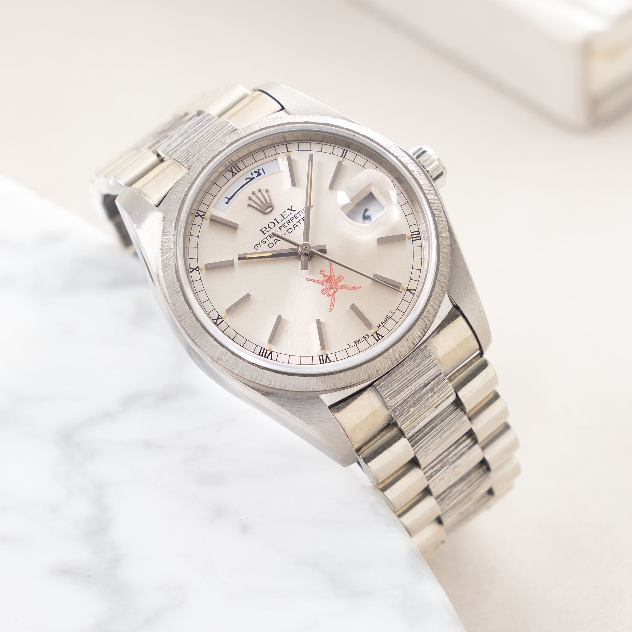 Rolex Day-Date 18079 red “Khanjar” Bark Finish in 18k white for the Sultanate of Oman