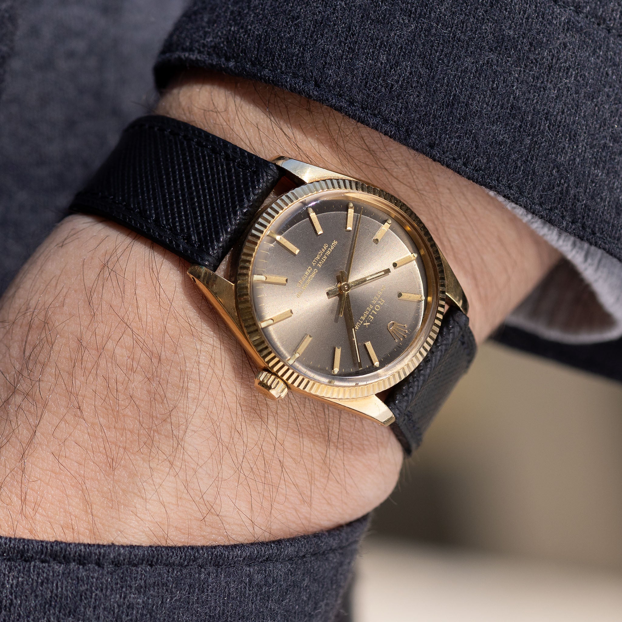 Rolex Oyster Perpetual Grey Dial in 18K Yellow Gold Ref. 1005 Box and Paper Set