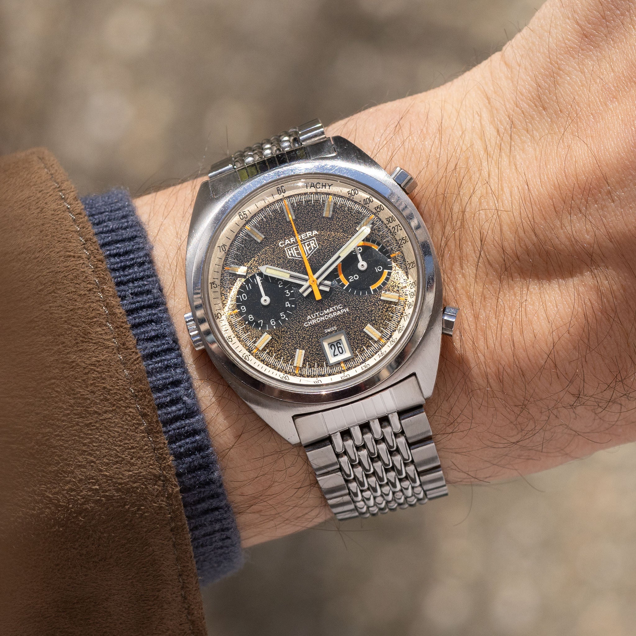 Heuer Carrera Tropical dial ref 1153BN On Rare Gay Frères Bracelet