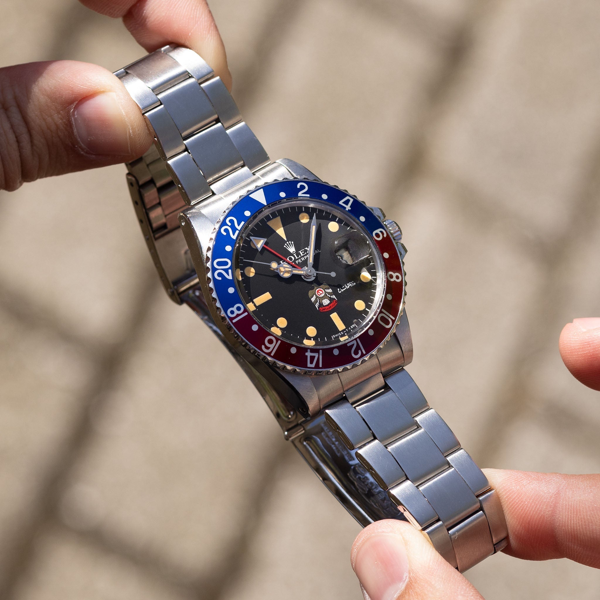 Rolex GMT-Master 1675 UAE ministry of Defence/ Quraysh Hawk logo dial with Rolex Geneva service papers