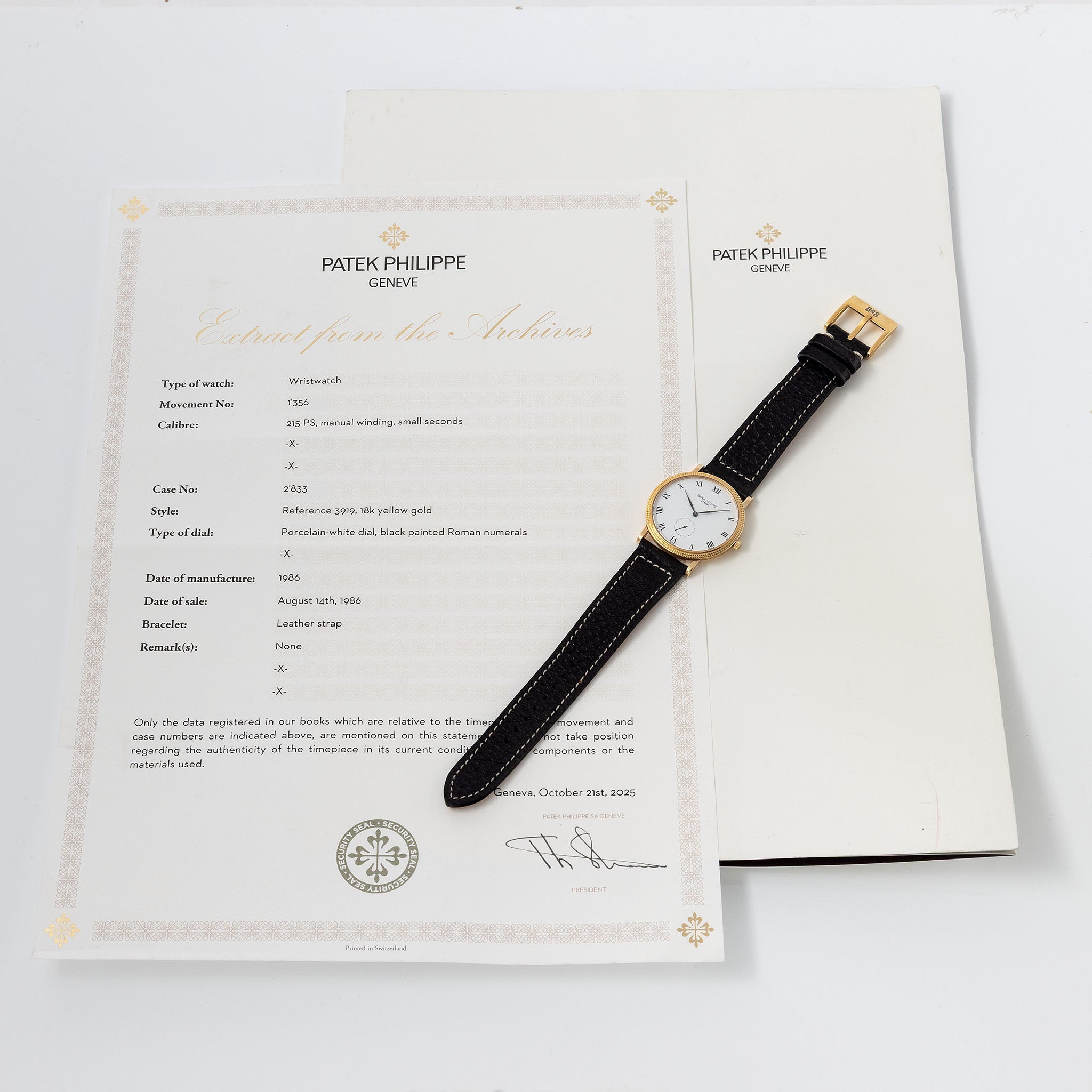Patek Calatrava Porcelain dial , Clous de Paris 18k yellow gold case with extract from the  archives ref 3919