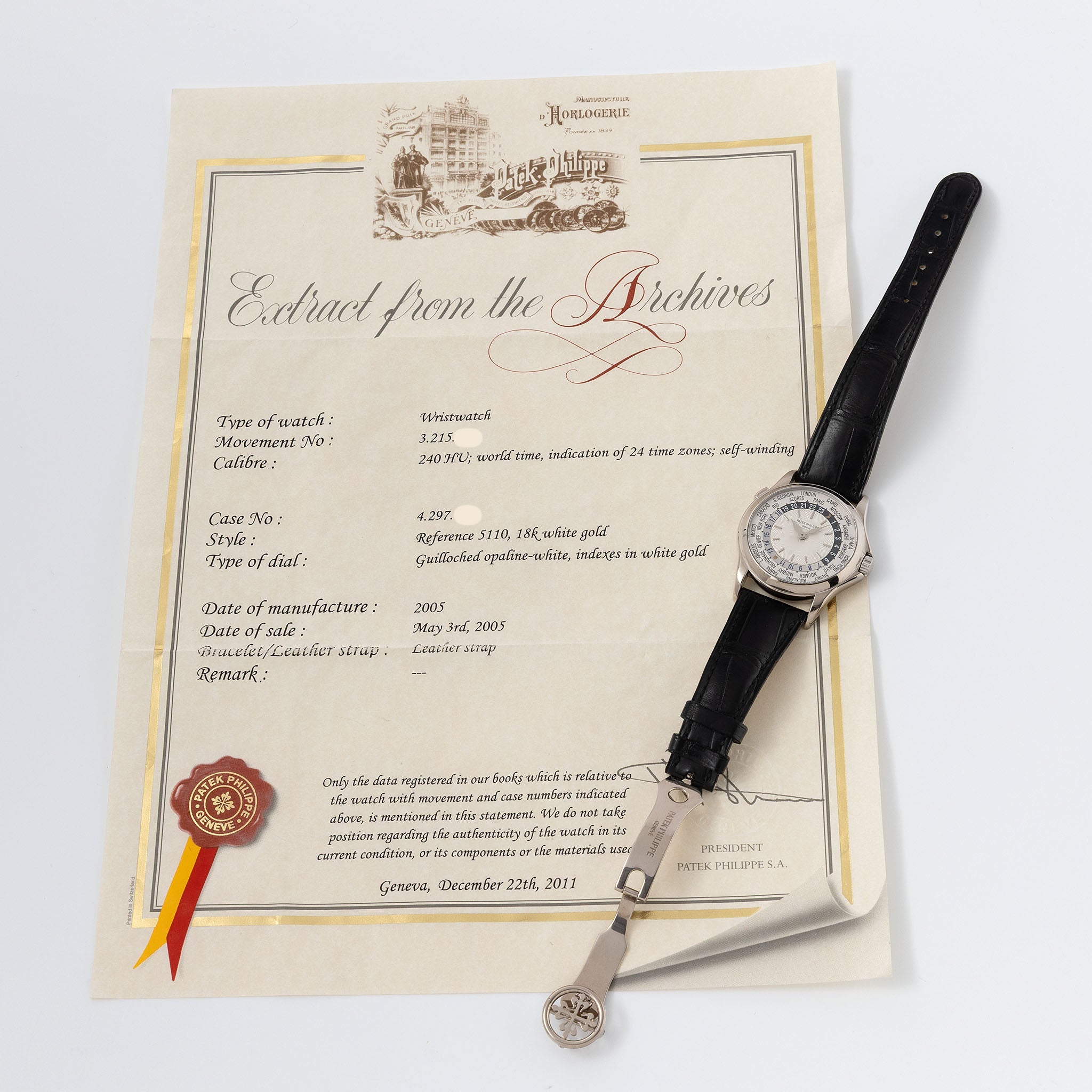Patek Philippe World Time 5110G in 18k White Gold with Extract from the Archives