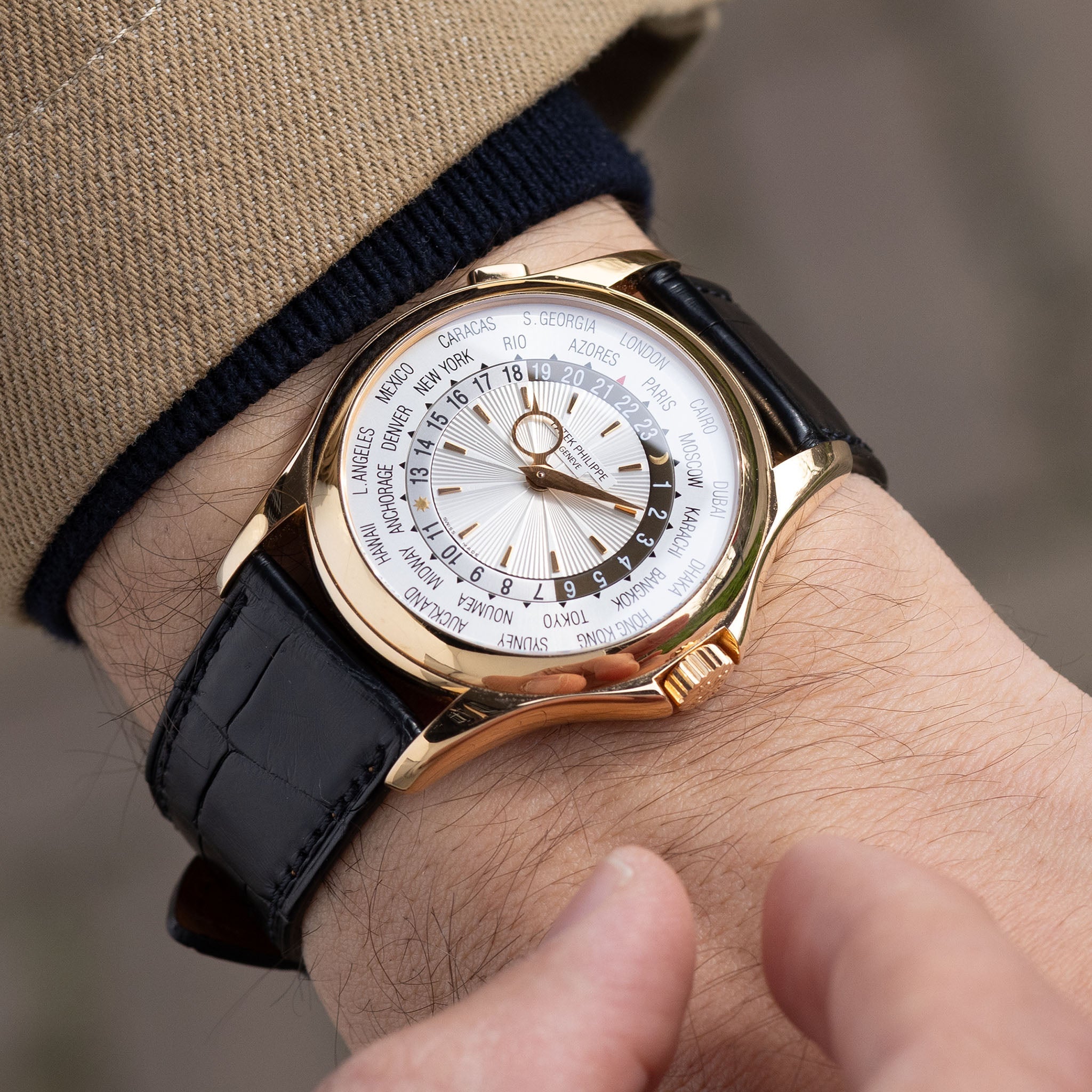 Patek Philippe World Time ref 5130R Guilloché Dial in 18k Rose Gold with Box and Papers