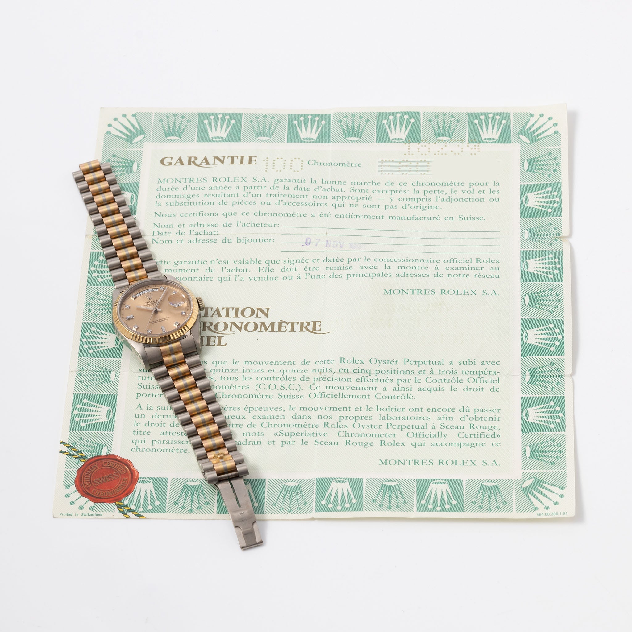 Rolex Day-date Tridor Peach Diamond Marker Dial  with Original Guarantee Paper ref 18239B