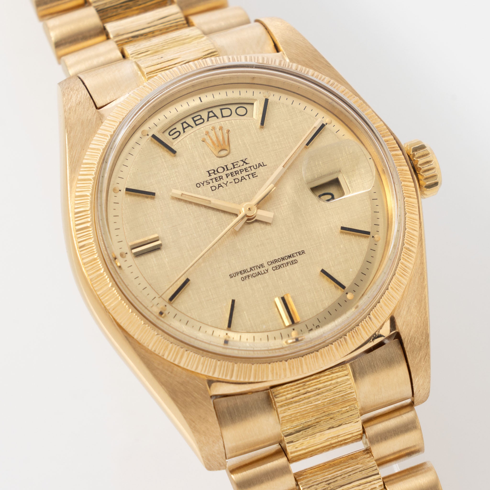 Rolex Day-Date 1807 Linen Sigma Dial Bark Finish in 18k Yellow Gold
