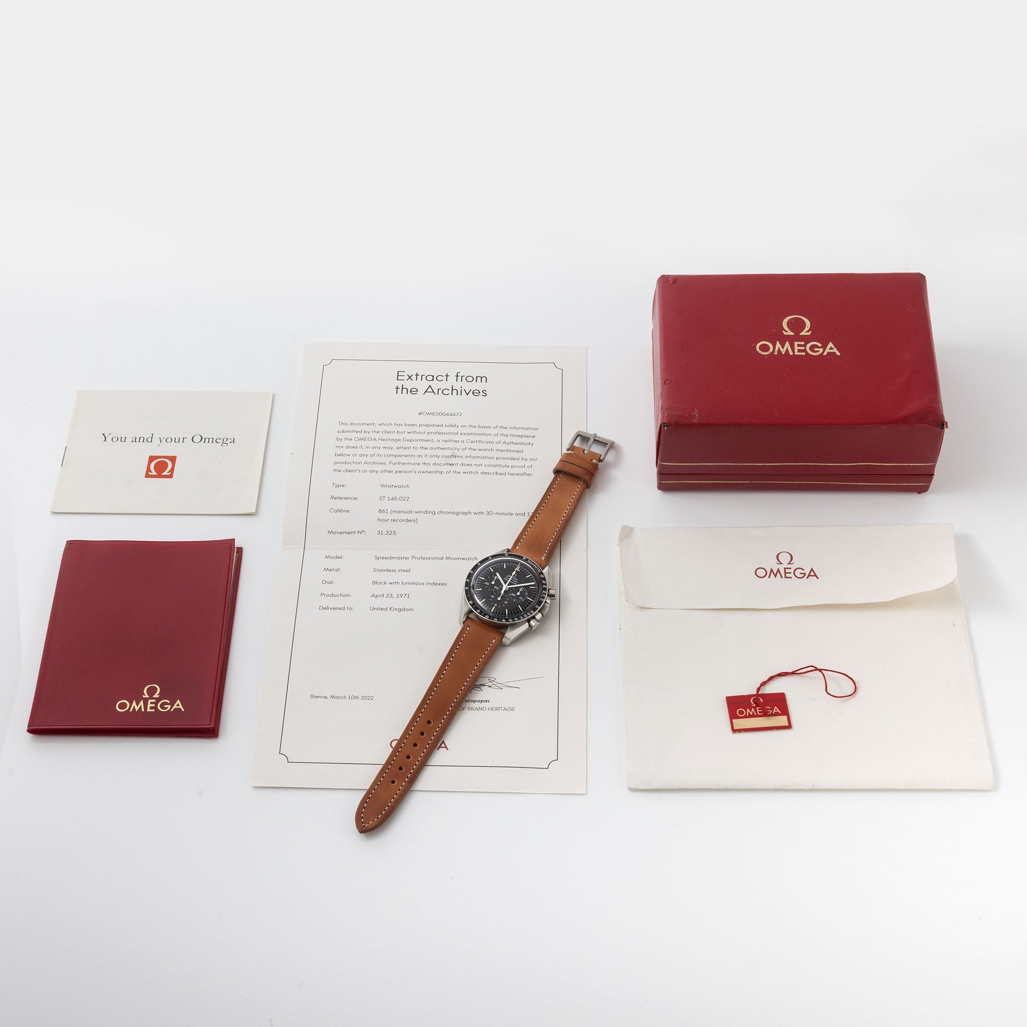 Omega Speedmaster 145.022-69ST Straight Writing with Original Box Papers and Extract of Archives