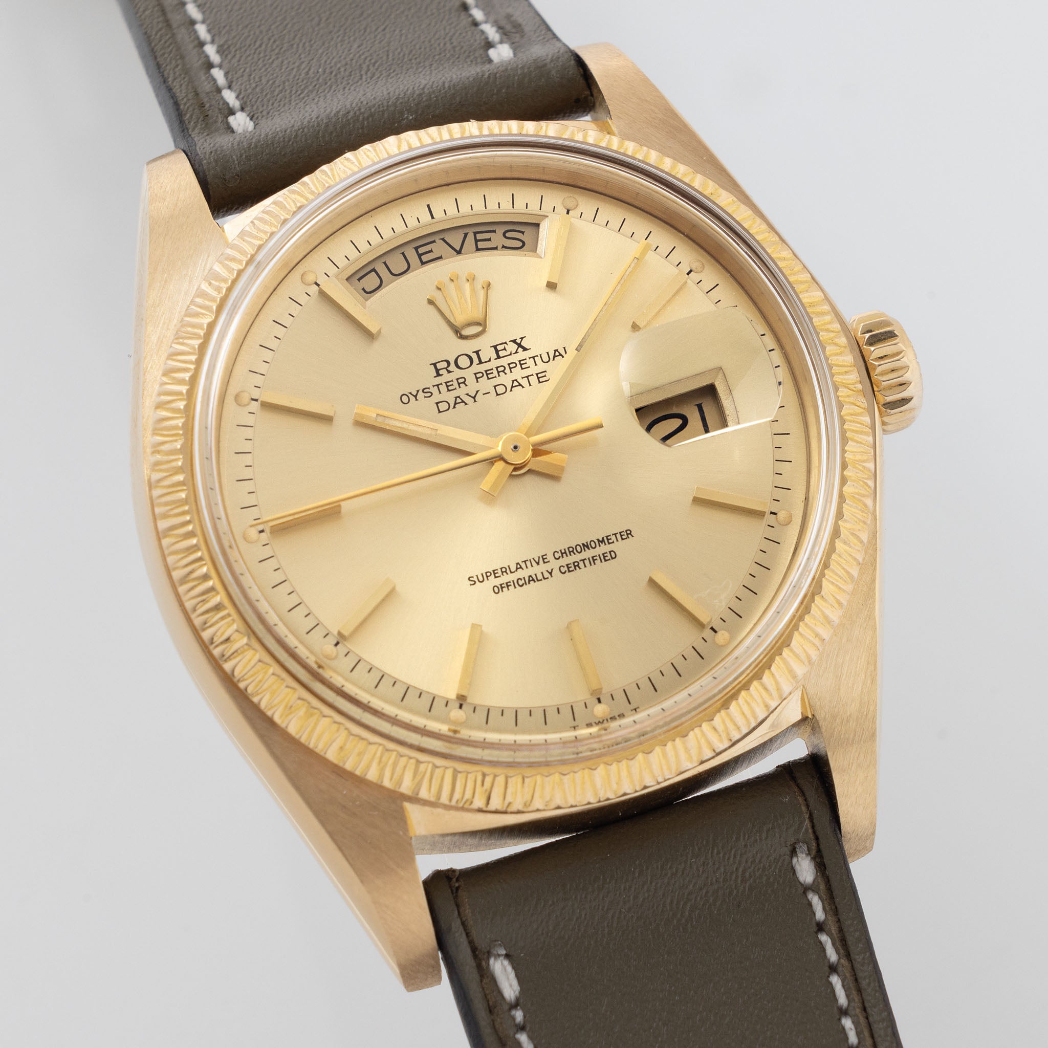Rolex Day-Date 1807 Bark Finish Champagne Dial in 18k Yellow Gold Box and Paper Set