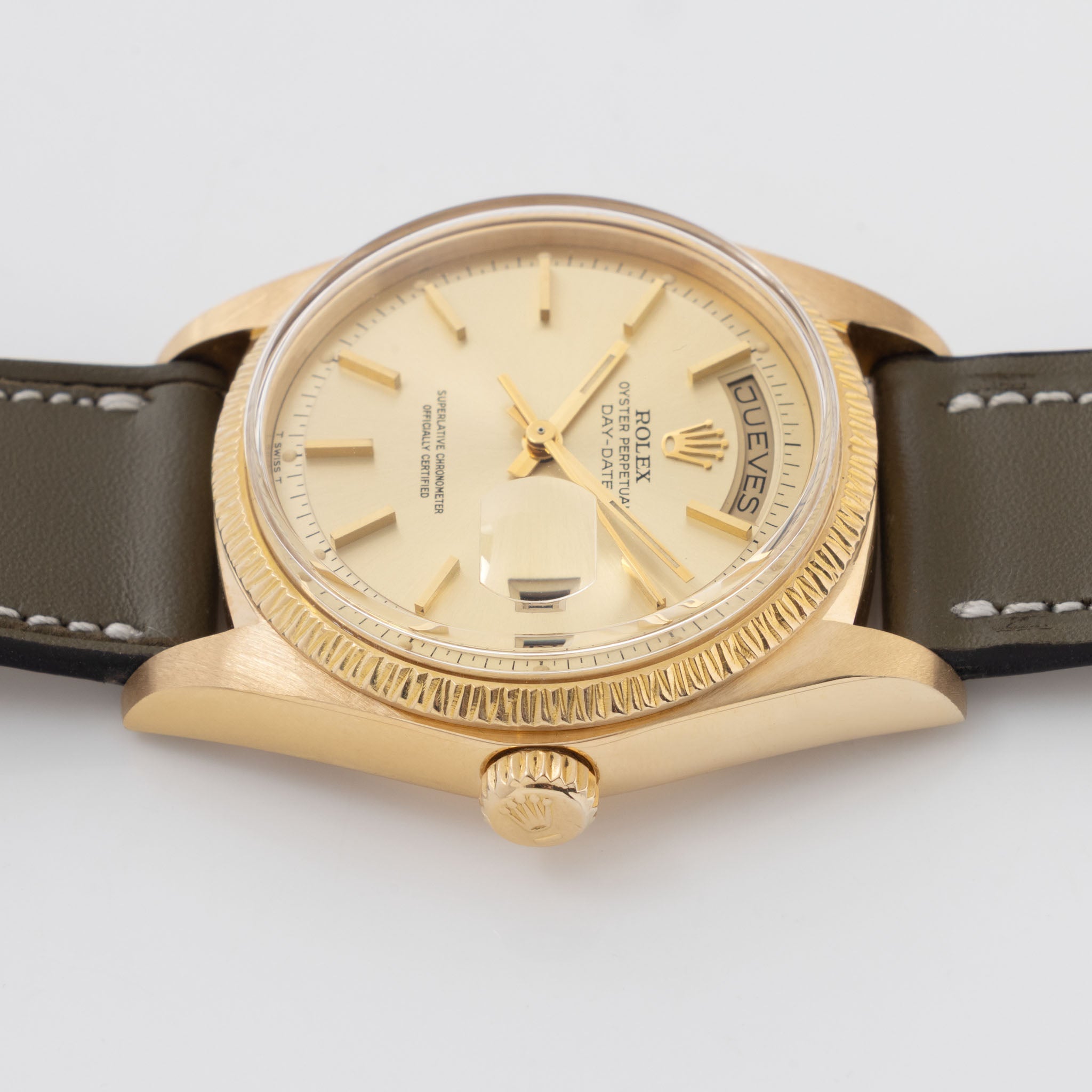 Rolex Day-Date 1807 Bark Finish Champagne Dial in 18k Yellow Gold Box and Paper Set