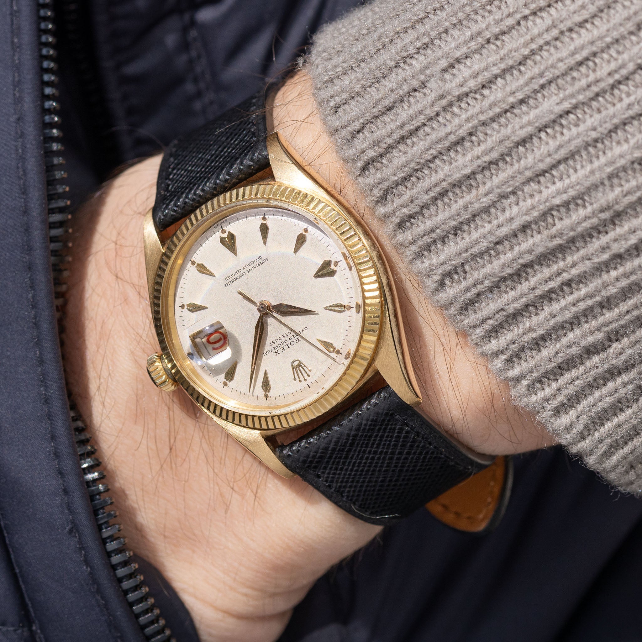 Rolex  Datejust Cream dial  with "Arrow head " markers in 18 k yellow gold ref 6605